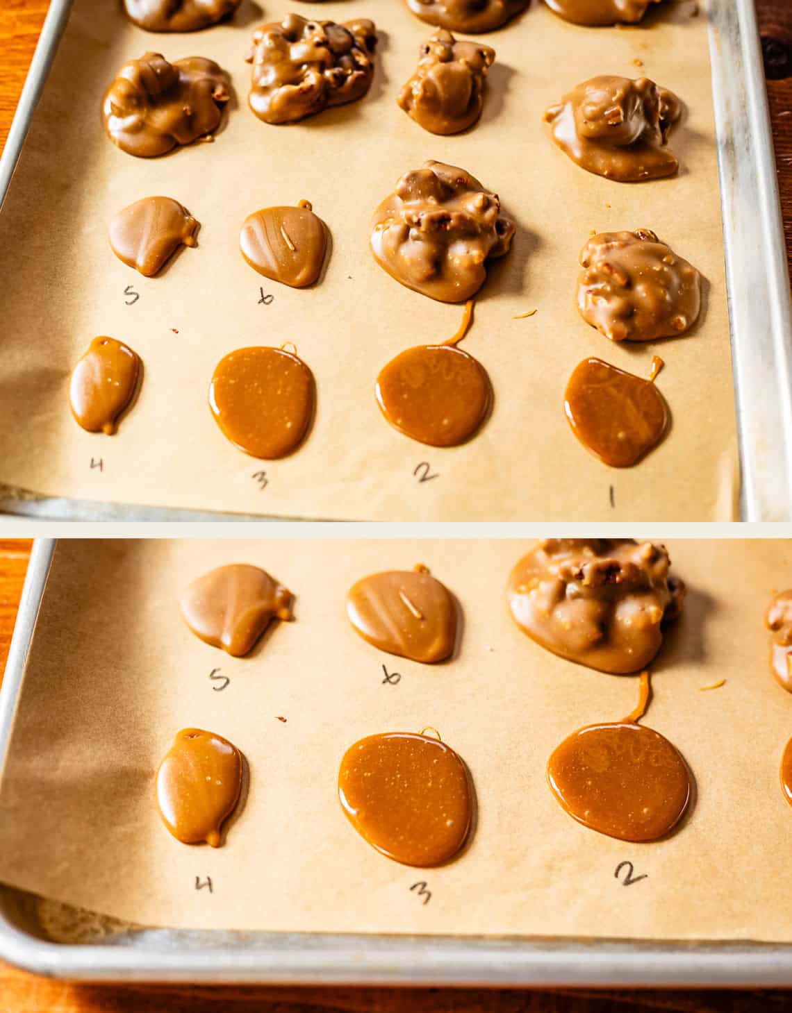 Two baking sheets lined with parchment paper, each holding drops of caramel-like candy labeled with numbers 1–5. Some candies are smooth and flat, others are lumpy with nuts, showing different textures and consistencies.