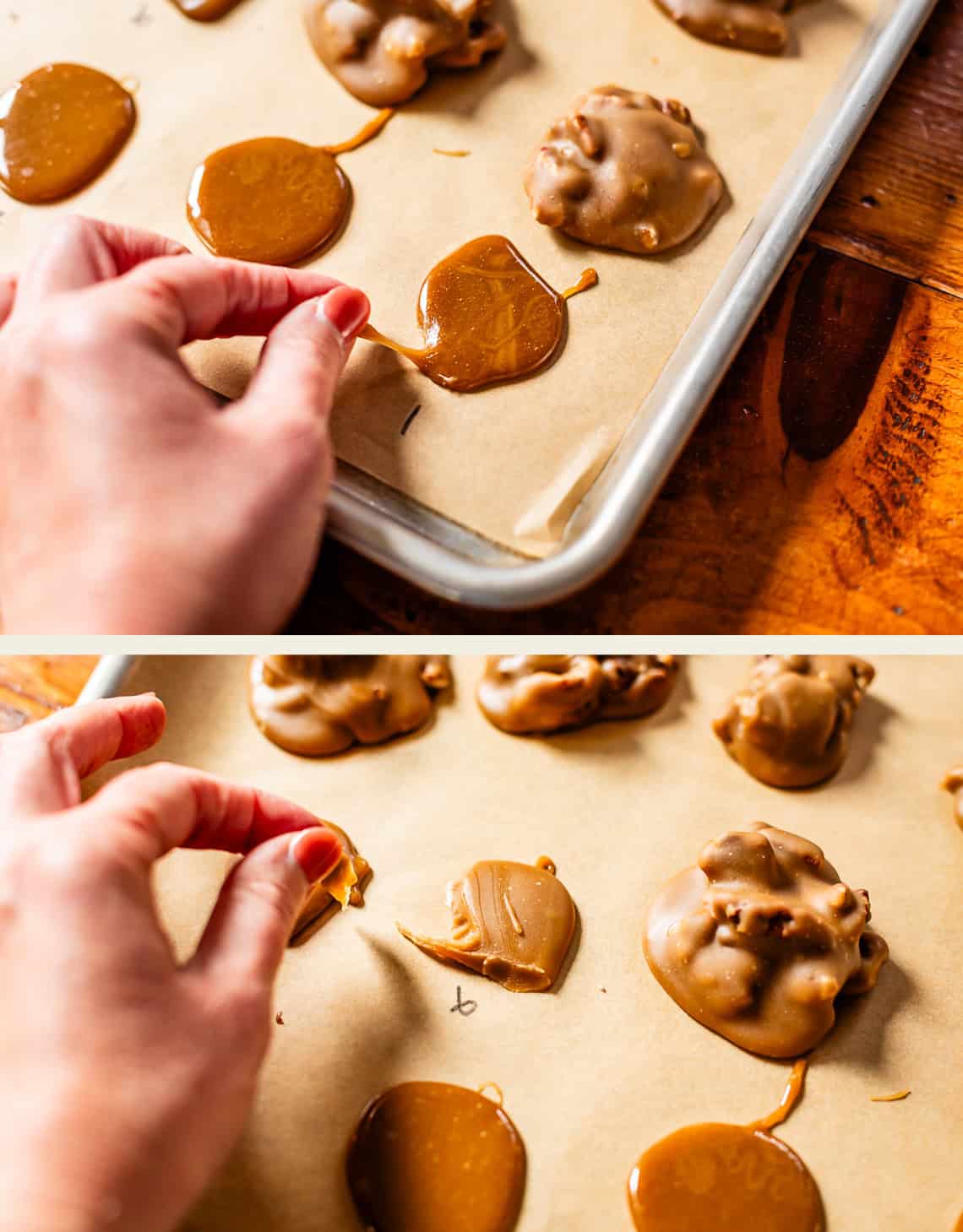 A hand lifts caramel candies from a parchment-lined baking sheet. The top image shows several rounds of caramel and praline candies; the bottom image shows a hand peeling a candy off the parchment.