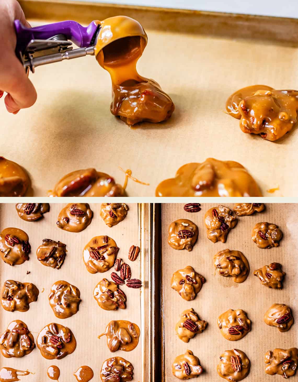 A hand uses a scoop to drop caramel and pecan mixture onto a baking sheet. Below, multiple clusters of the caramel pecan candies rest on parchment, ready to set.