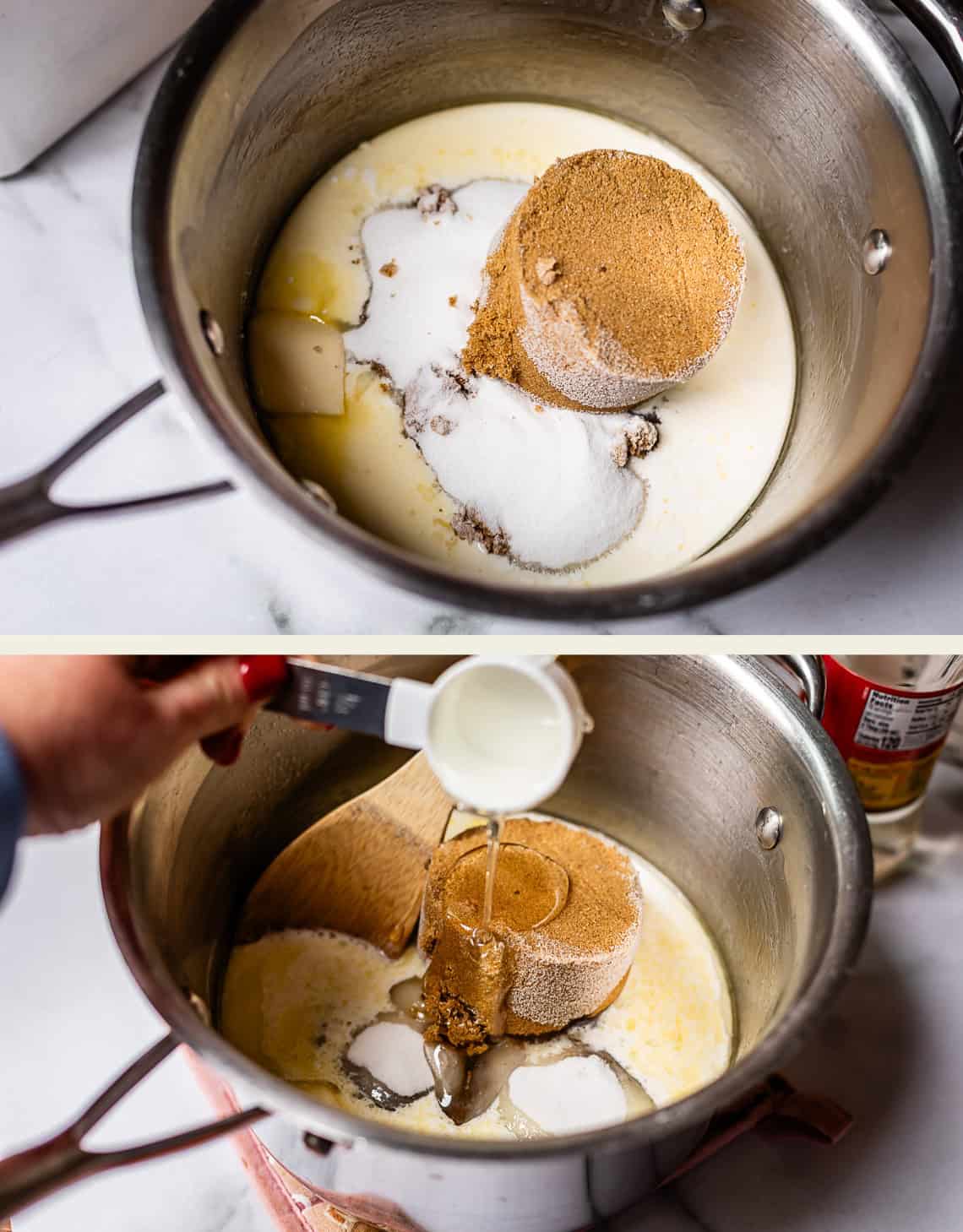Two images show a saucepan with butter, milk, white sugar, and brown sugar being combined. In the second image, a hand pours liquid from a measuring cup into the saucepan with the ingredients.