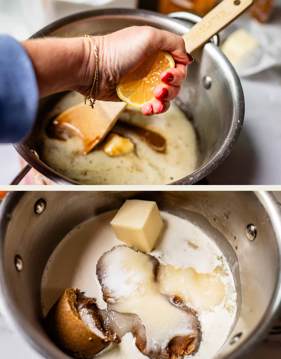 Top: A hand squeezes a lemon into a saucepan with melted butter and brown sugar, stirring with a spatula. Bottom: Butter, cream, brown sugar, and white sugar in a saucepan before mixing.