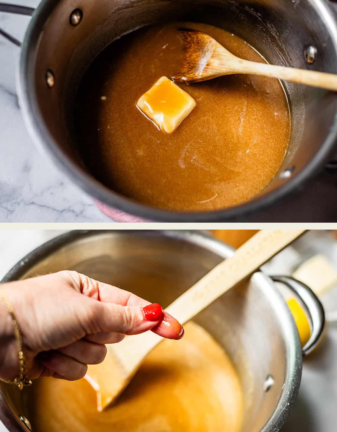 Top: A saucepan with caramel sauce and a melting pat of butter, stirred with a wooden spoon. Bottom: A hand with red nail polish holds caramel between two fingers to test its consistency.