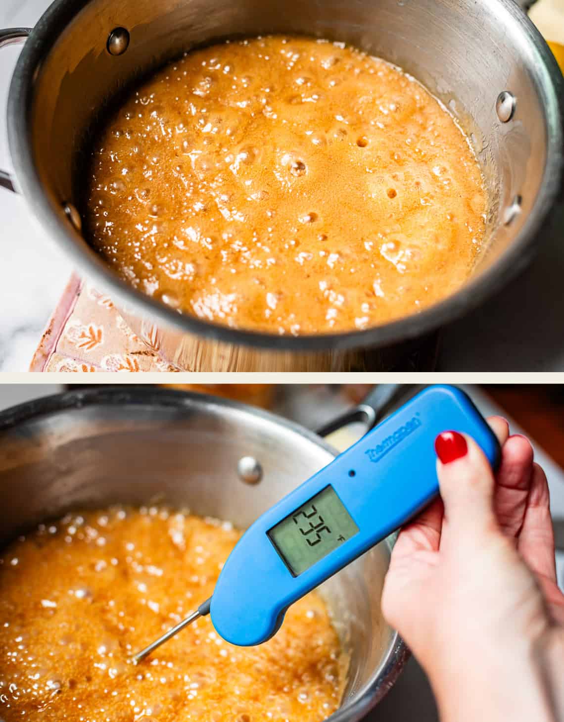 Two images: Top shows a bubbling caramel-like mixture in a saucepan. Bottom shows a hand holding a blue thermometer reading 323°F, measuring the temperature of the bubbling mixture in the same saucepan.