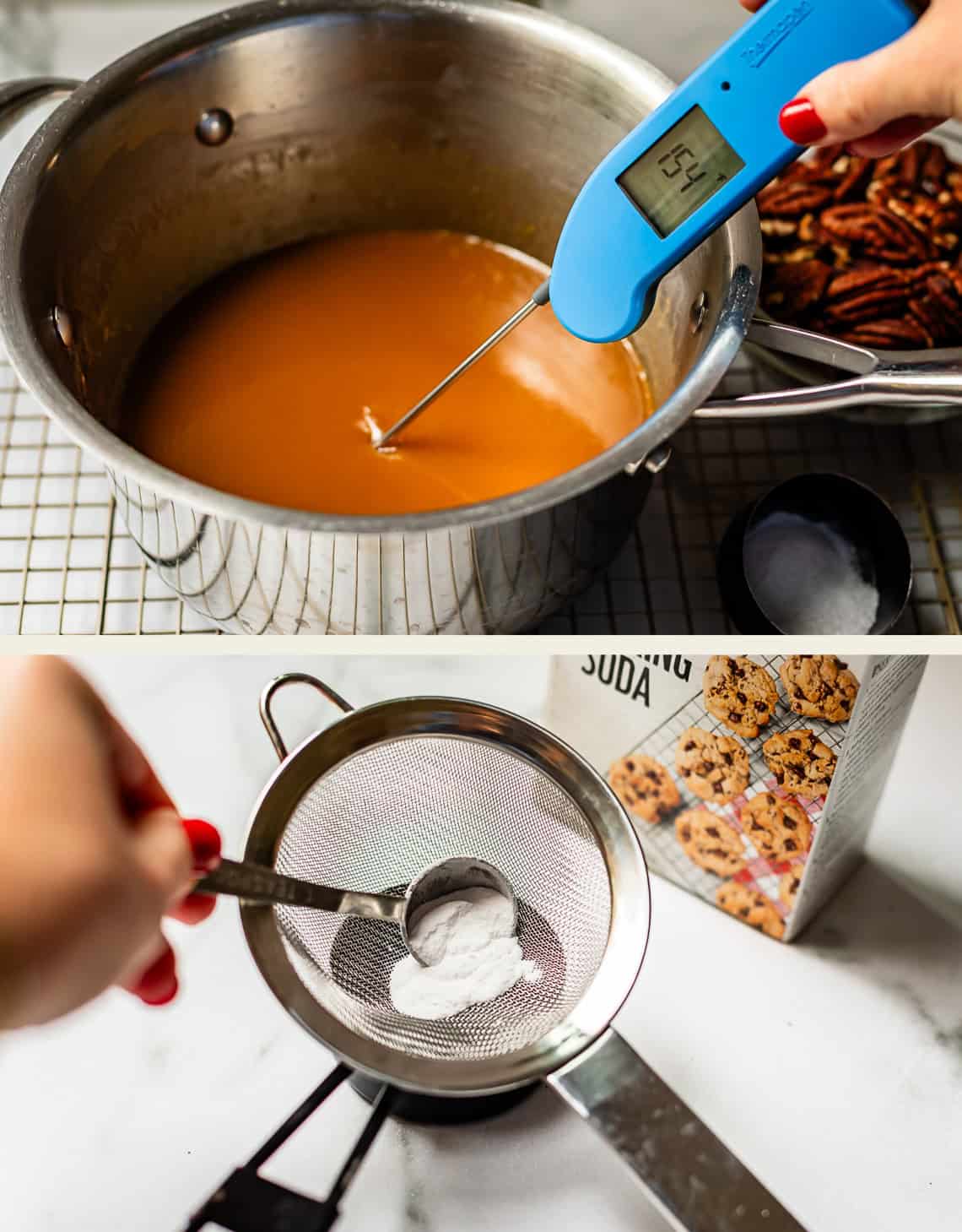 Top: Hand holding a thermometer in a pot of caramel sauce; digital display reads 254°F. Bottom: Hand spooning baking soda into a fine-mesh strainer over a bowl, with a box of baking soda and cookies in the background.