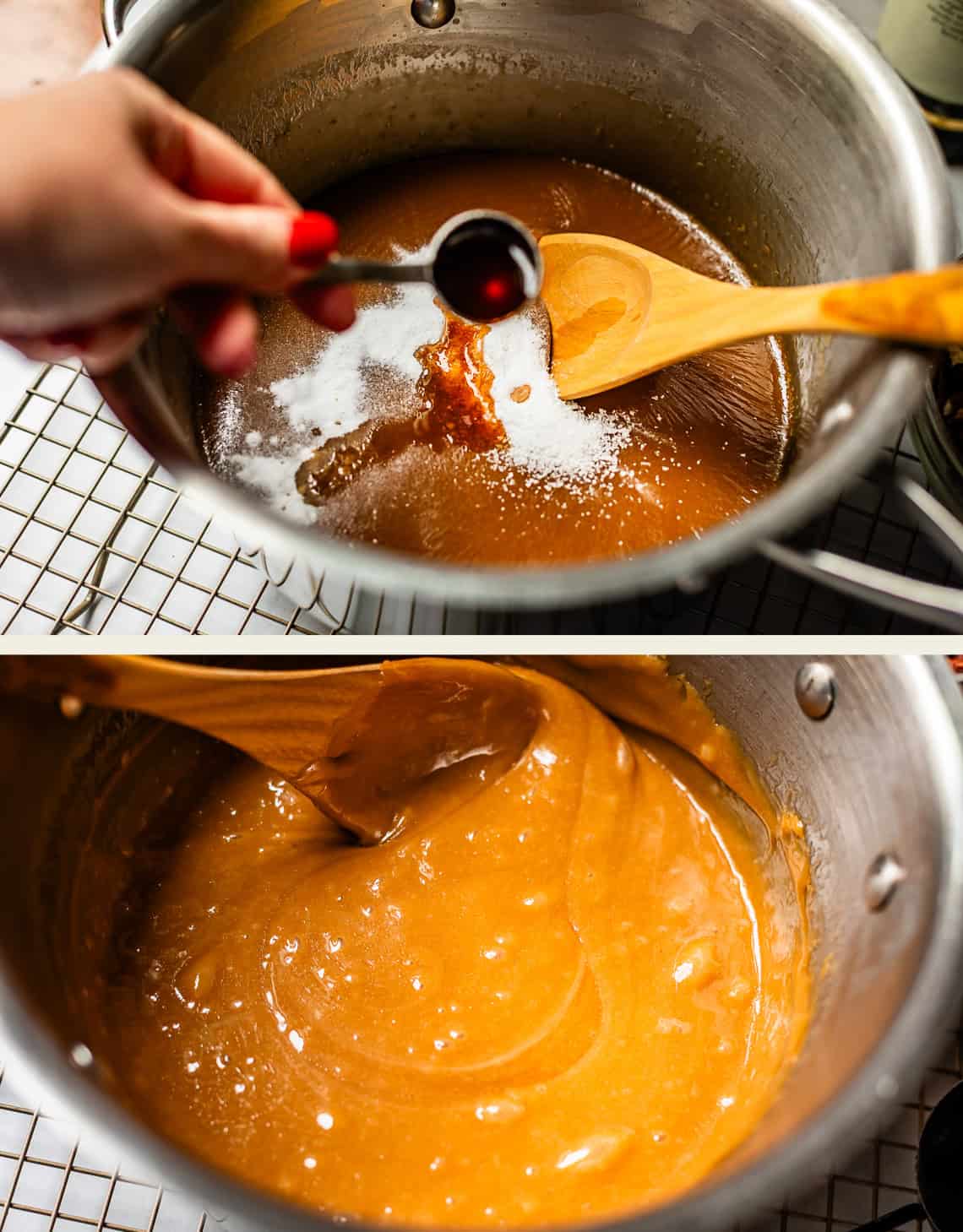 Top: A hand adds vanilla extract to a pot of caramel mixture, stirred with a wooden spoon. Bottom: The caramel mixture is thickened and smooth in the pot, being stirred with the spoon.