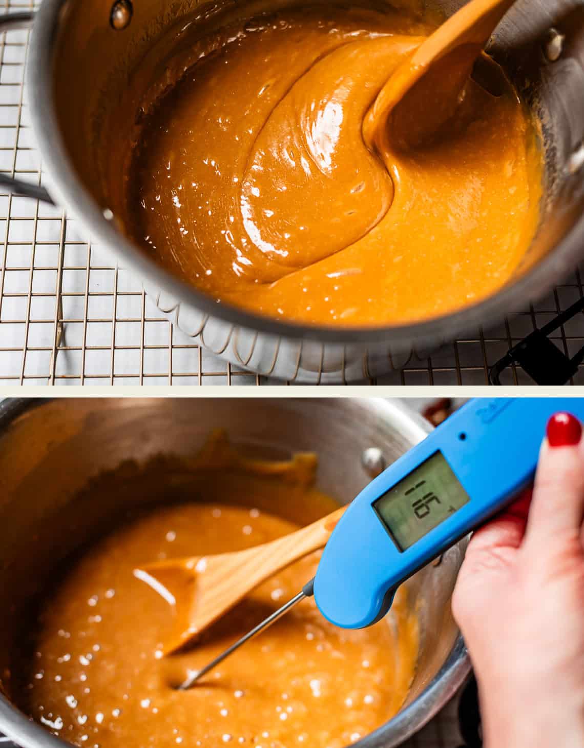 Two photos: the top shows caramel-like sauce being stirred in a saucepan with a wooden spoon; the bottom shows a hand holding a thermometer reading 176°F above the same mixture in the saucepan.