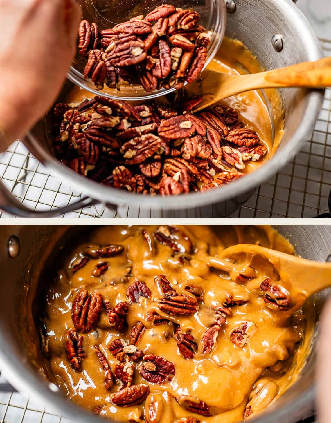 Top: A hand pours pecans into a pot of caramel mixture. Bottom: The pecans are stirred into the thick, golden caramel using a wooden spoon. Both images show the cooking process on a wire rack.