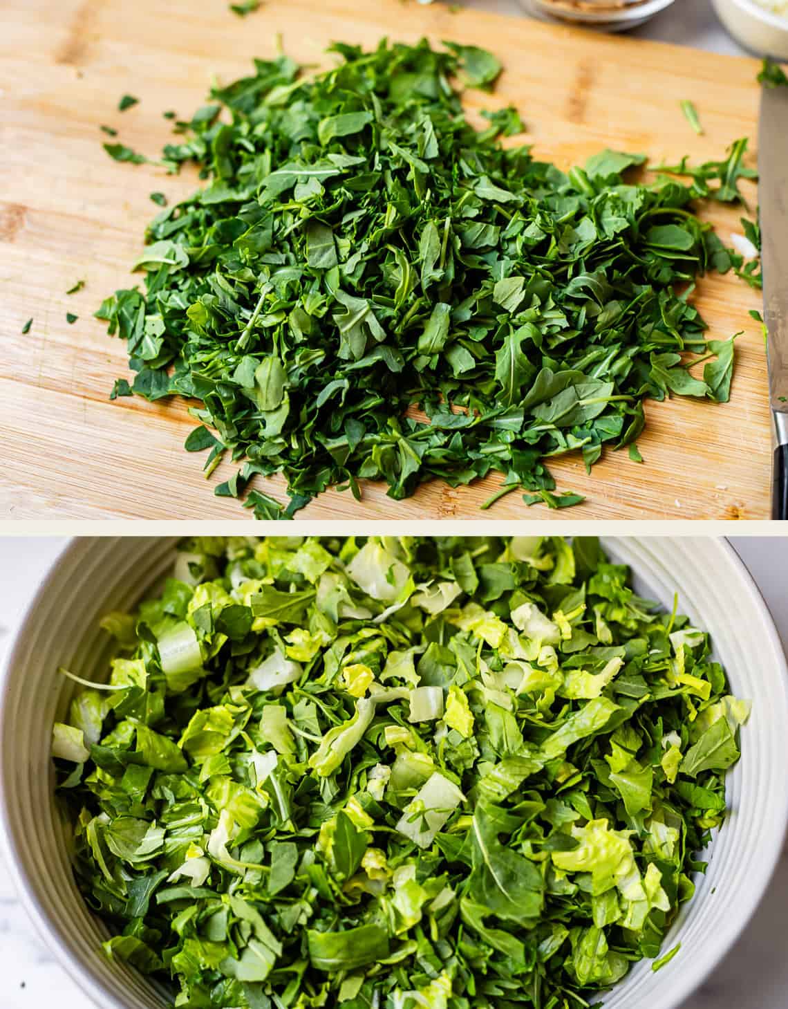 Two images: the top shows a pile of chopped leafy greens on a wooden cutting board; the bottom shows chopped leafy greens in a large bowl, ready for use in a salad or recipe.