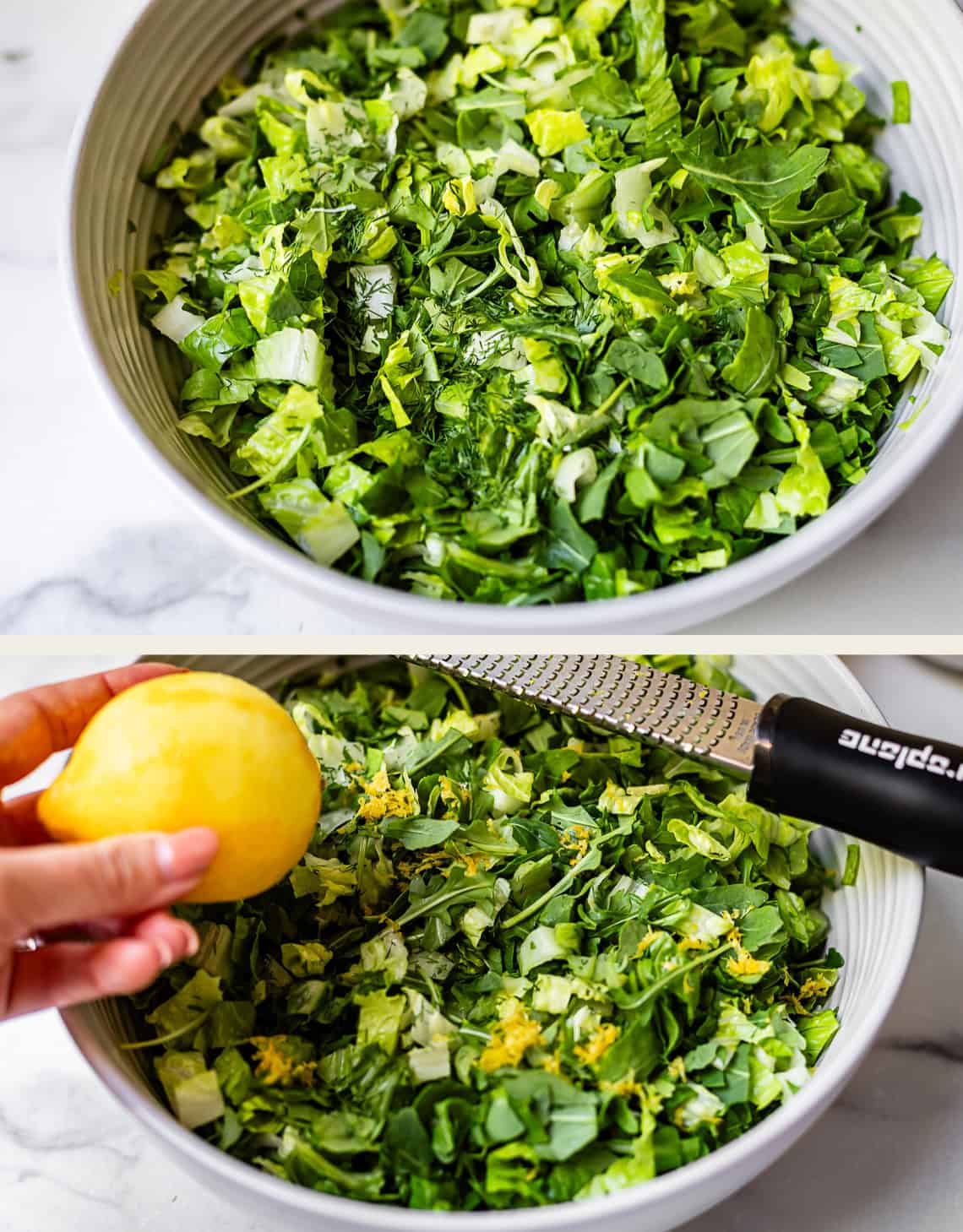 A bowl of chopped greens sits on a counter. In the second image, a hand zests a lemon over the greens using a black-handled grater, adding fresh lemon zest to the salad.