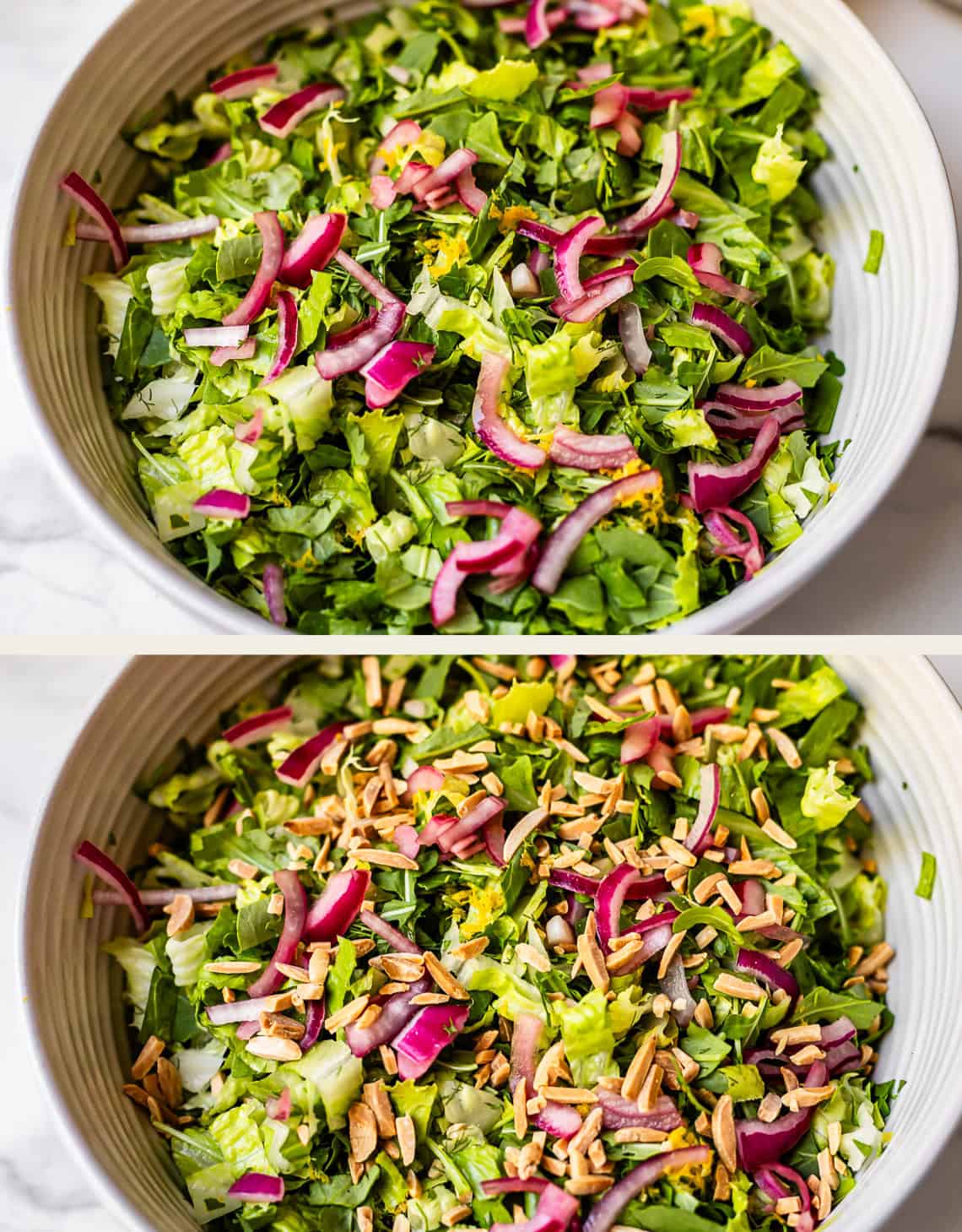 Two bowls of chopped green salad with red onion; in the second bowl, sliced almonds are added on top of the salad.