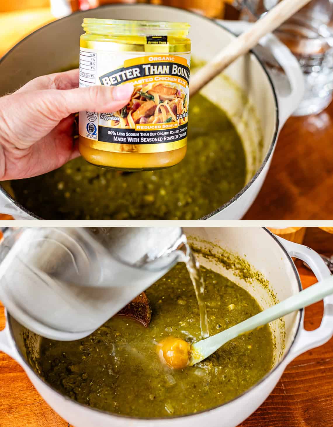 A hand holds a jar of Better Than Bouillon chicken base over a pot of green soup. In the next image, water is being poured into the pot with a spoon and a dollop of bouillon base visible in the soup.