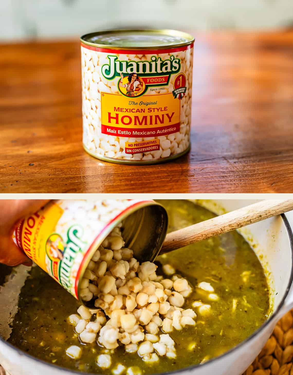 A can of Juanitas Mexican Style Hominy is shown; in the next image, hominy is being poured from the can into a pot of green soup with a wooden spoon inside.