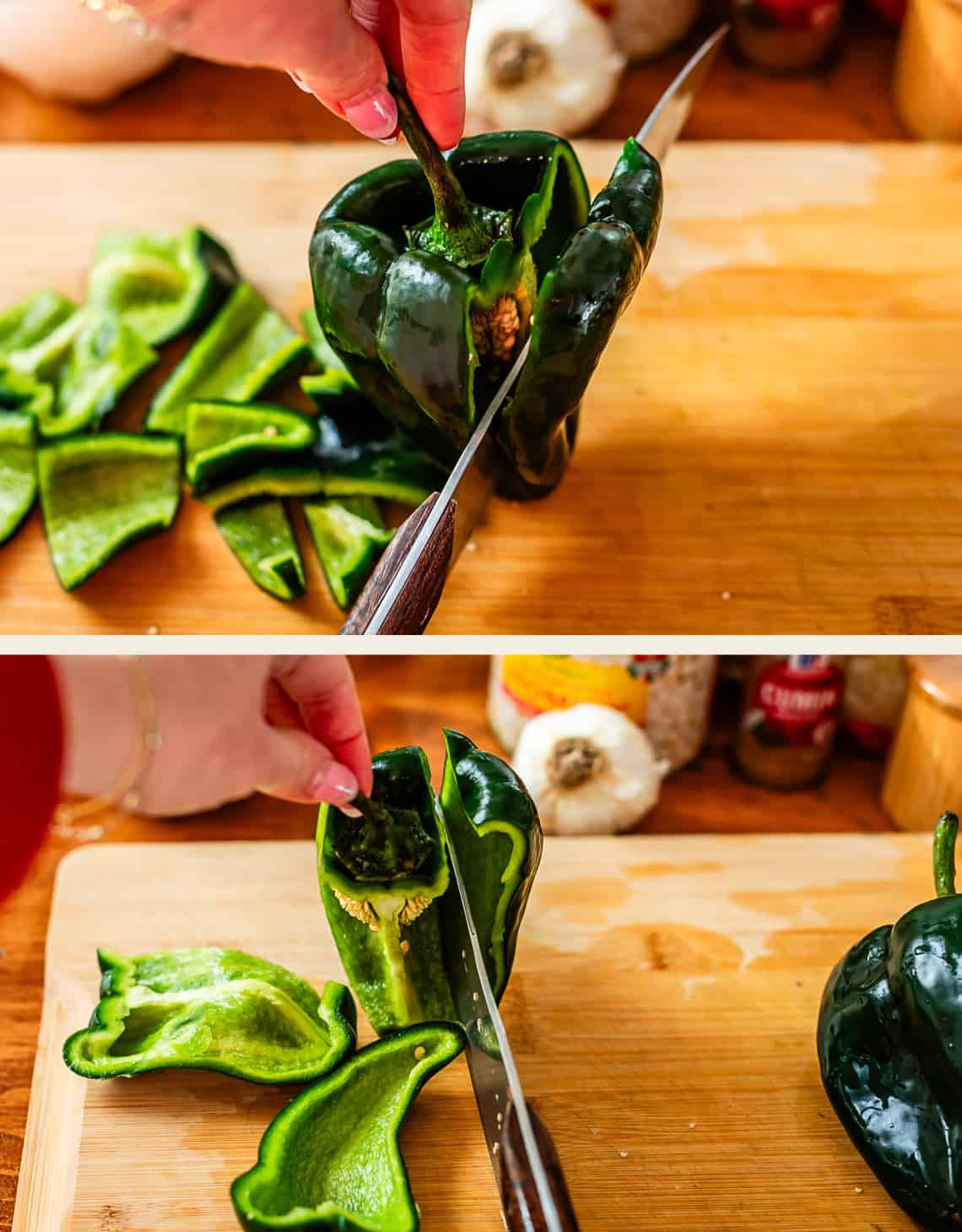 Two images show hands slicing a green poblano pepper on a wooden cutting board. The top image shows slices being made around the stem, and the bottom image shows cutting down the side of the pepper.