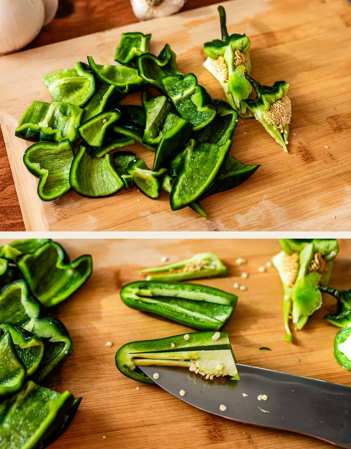 Two images: Sliced green poblano peppers on a wooden cutting board, with seeds and pepper cores set aside. A close-up shows a knife removing seeds from a pepper slice.