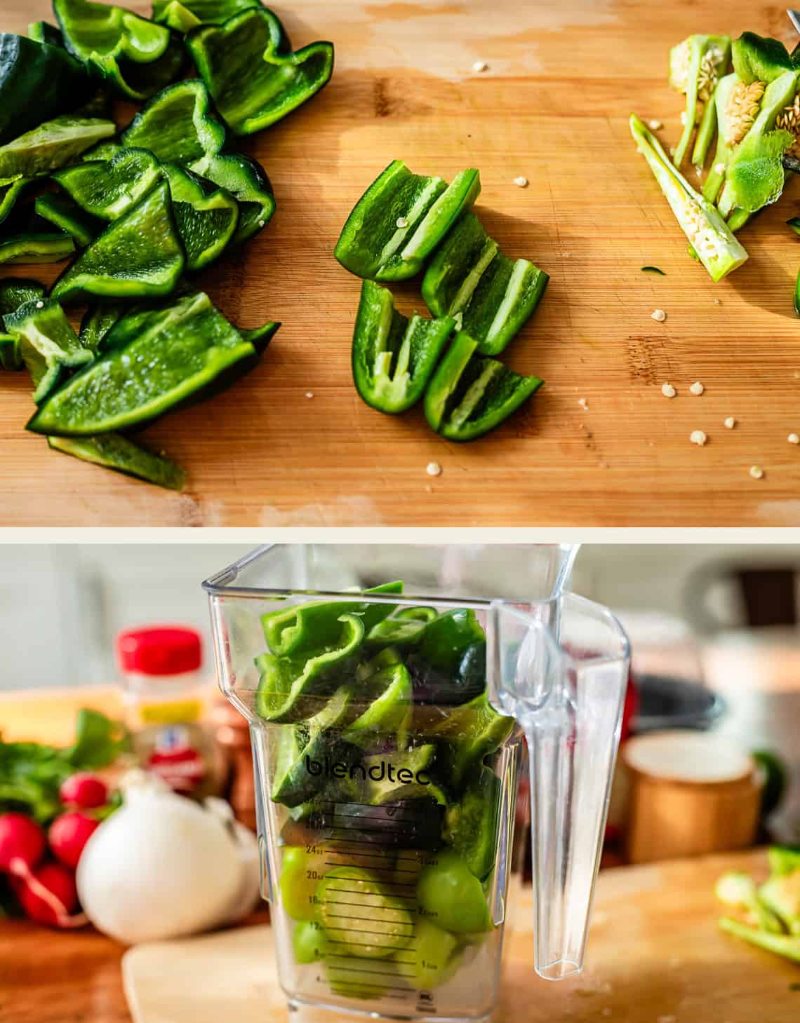 A split image shows chopped green peppers on a cutting board in the top half and the peppers placed inside a blender jar with other vegetables in the background in the bottom half.