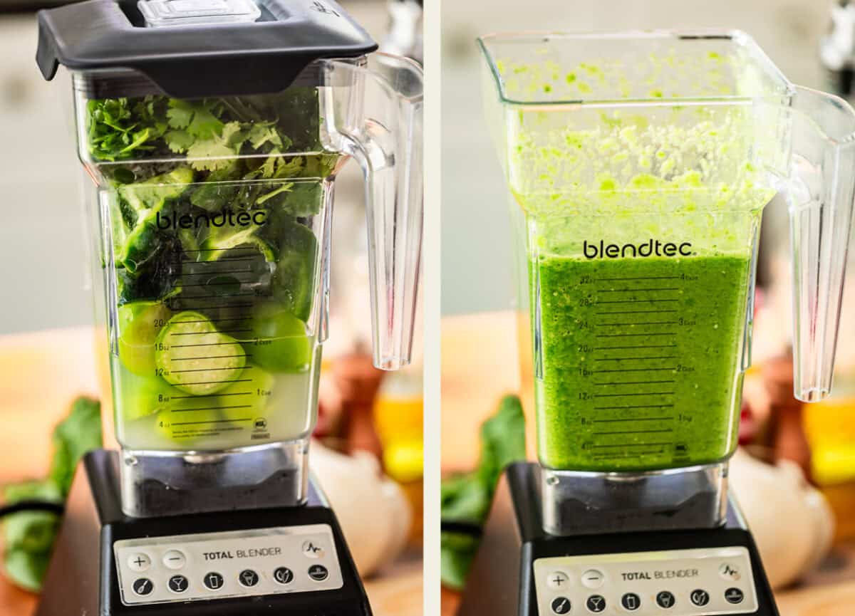 A side-by-side view shows a blender with whole green ingredients on the left and the same blender with the ingredients blended into a smooth green mixture on the right.