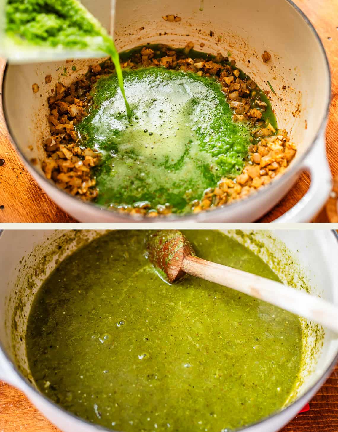 Two images: the top shows green liquid being poured into a pot with saut&eacute;ed onions and garlic; the bottom shows the contents mixed into a thick green sauce being stirred with a wooden spoon.