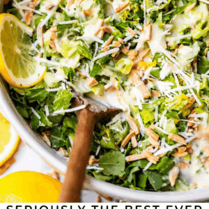 A close-up of lemon arugula salad in a bowl with shredded cheese, slivered almonds, and lemon slices, mixed with a wooden spoon. Text at the bottom reads “Seriously the best ever lemon arugula salad.”.