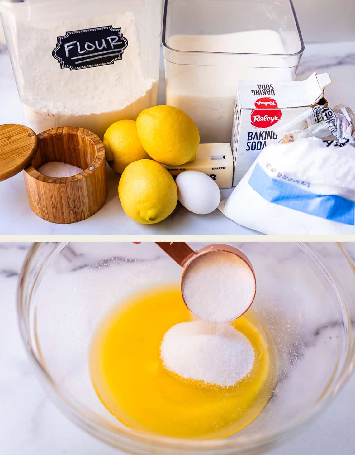 Two-part image: Top shows baking ingredients—flour, sugar, lemons, egg, butter, salt, baking soda—on a counter. Bottom shows sugar being poured from a measuring cup into a bowl of melted butter.