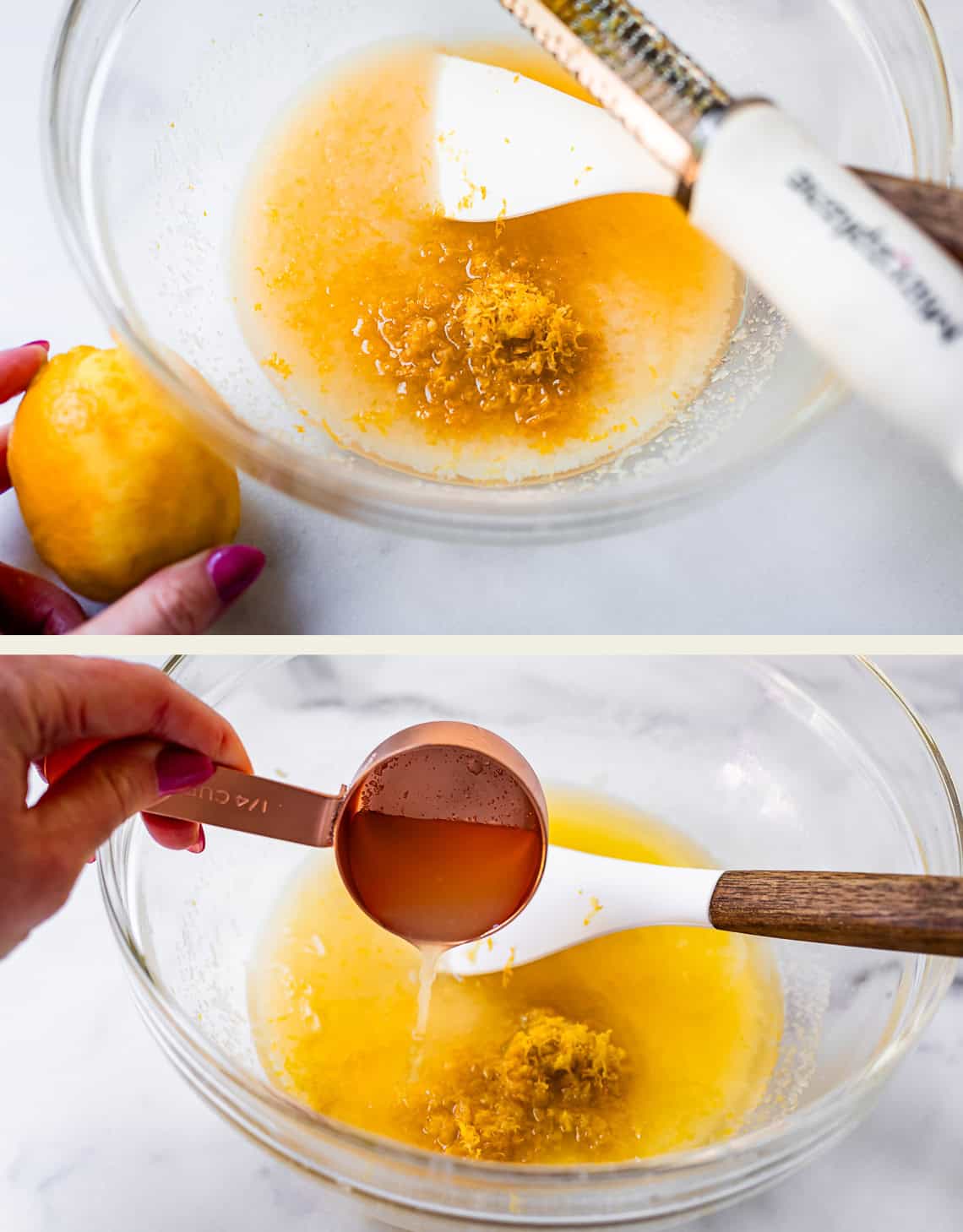 Two images: The top shows a spatula in a glass bowl with lemon zest, honey, and grated lemon peel. A hand holds a lemon. The bottom shows a hand pouring liquid from a measuring cup into the same bowl with the spatula.