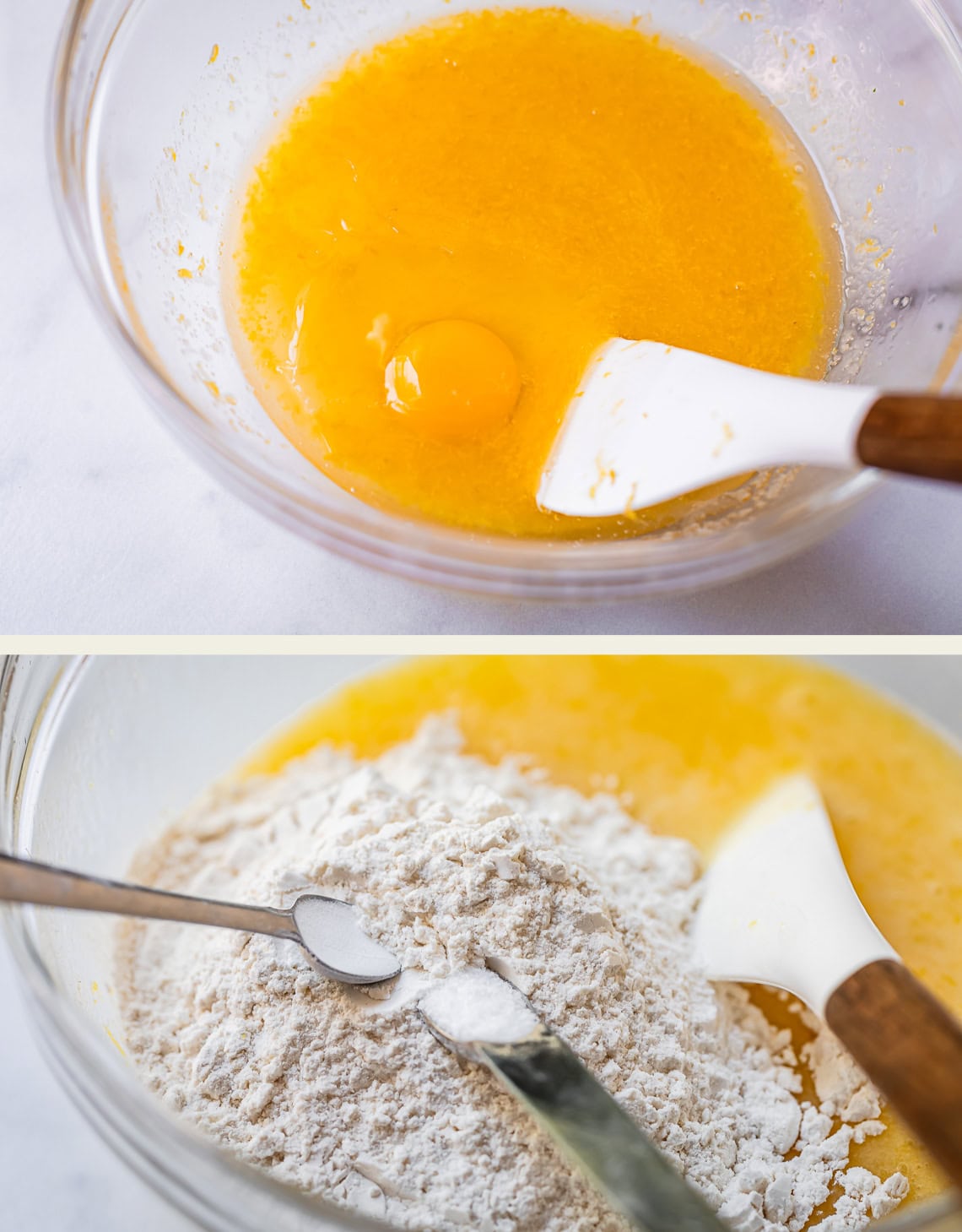 Two images: Top, a glass bowl with an egg and yellow mixture being stirred with a spatula. Bottom, flour and a measuring spoon of salt being added to the bowl with the spatula beside them.