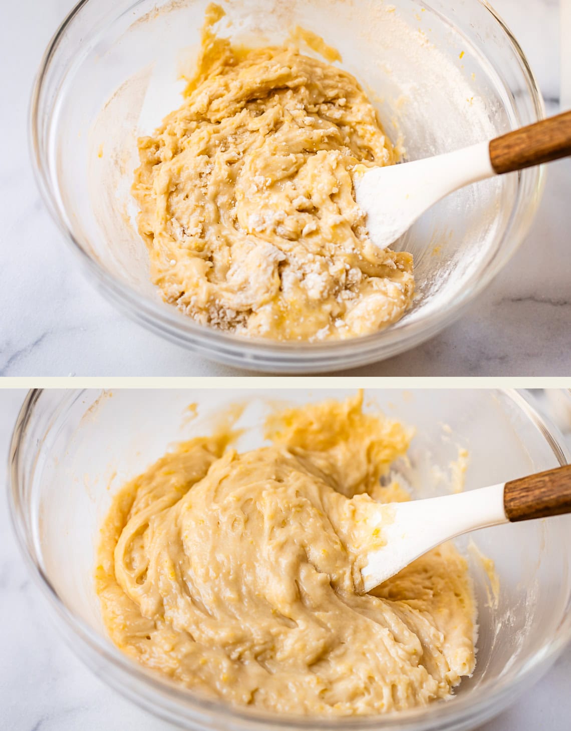 Two photos show a spatula stirring dough in a glass bowl. The top photo shows a partially mixed, lumpy dough, while the bottom photo shows a smoother, fully combined dough mixture.