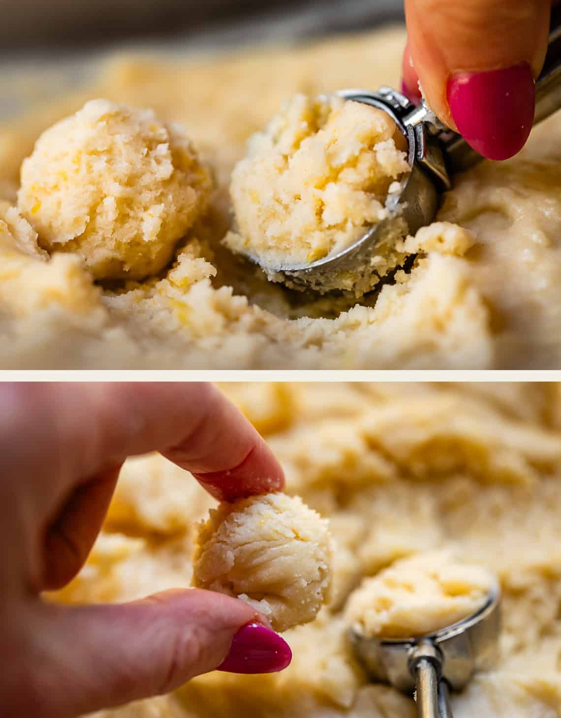 A hand with pink nail polish uses a metal scoop to portion out dough, then holds a rounded ball of dough above the rest, ready to be placed for baking.