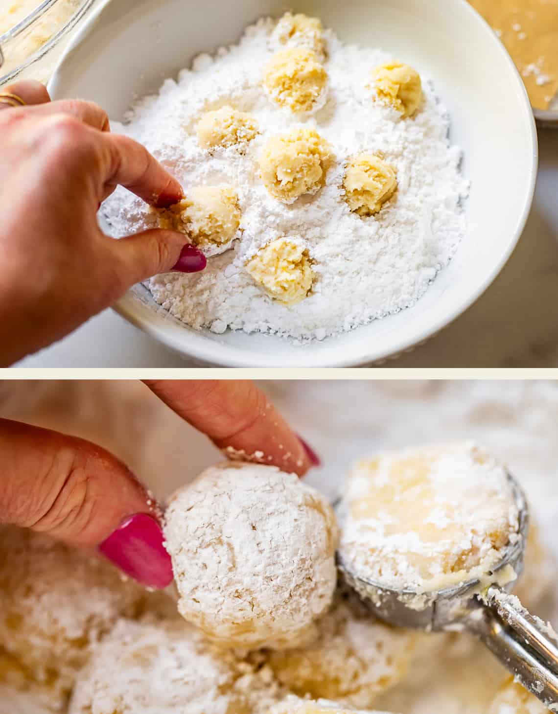 A persons hand rolls cookie dough balls in powdered sugar, shown in two close-up images—one with several dough balls in a bowl, the other with a dough ball being coated in powdered sugar.