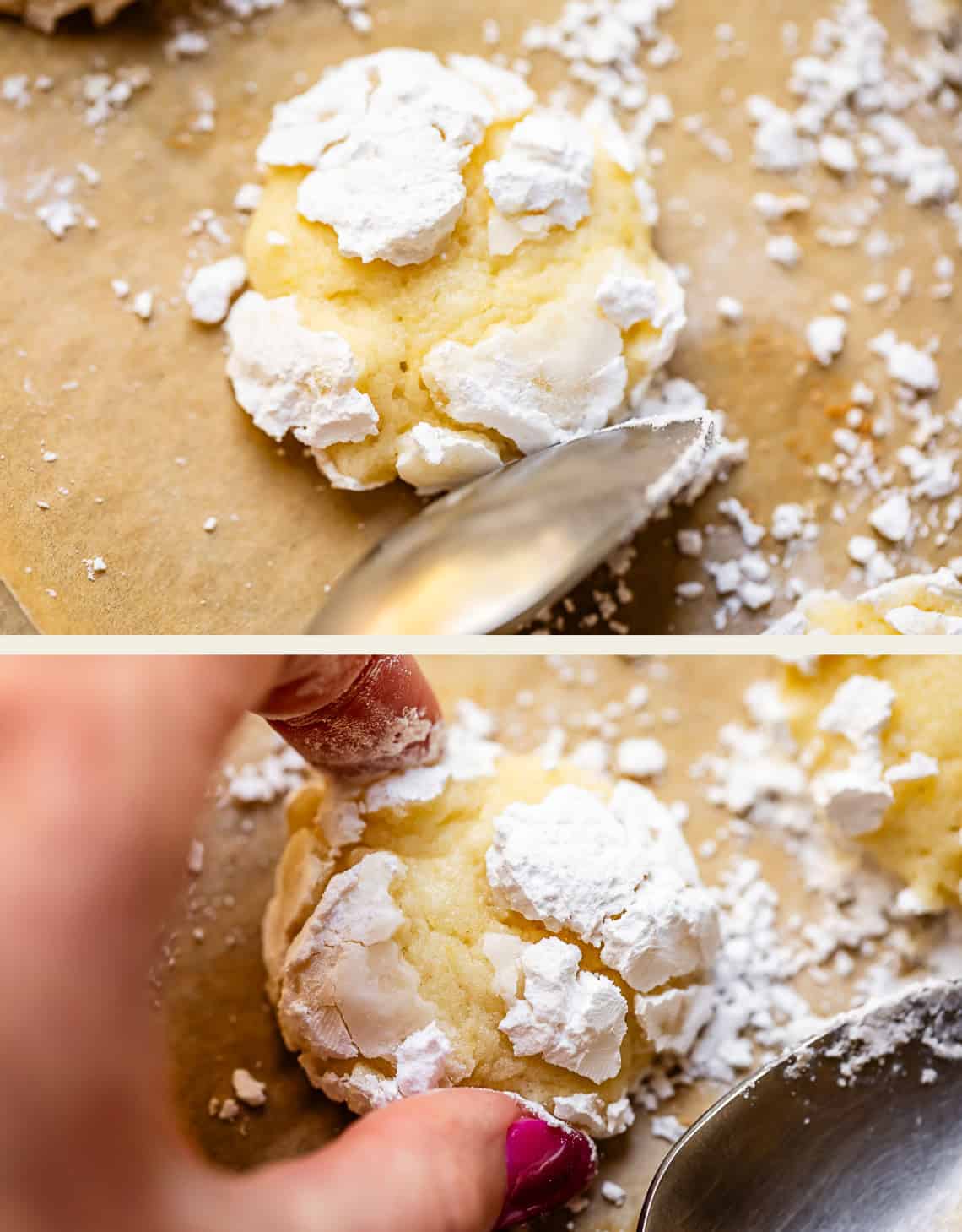 A close-up of lemon crinkle cookies covered in powdered sugar, one on parchment paper with a spoon nearby, and another being picked up by a hand with pink nail polish.