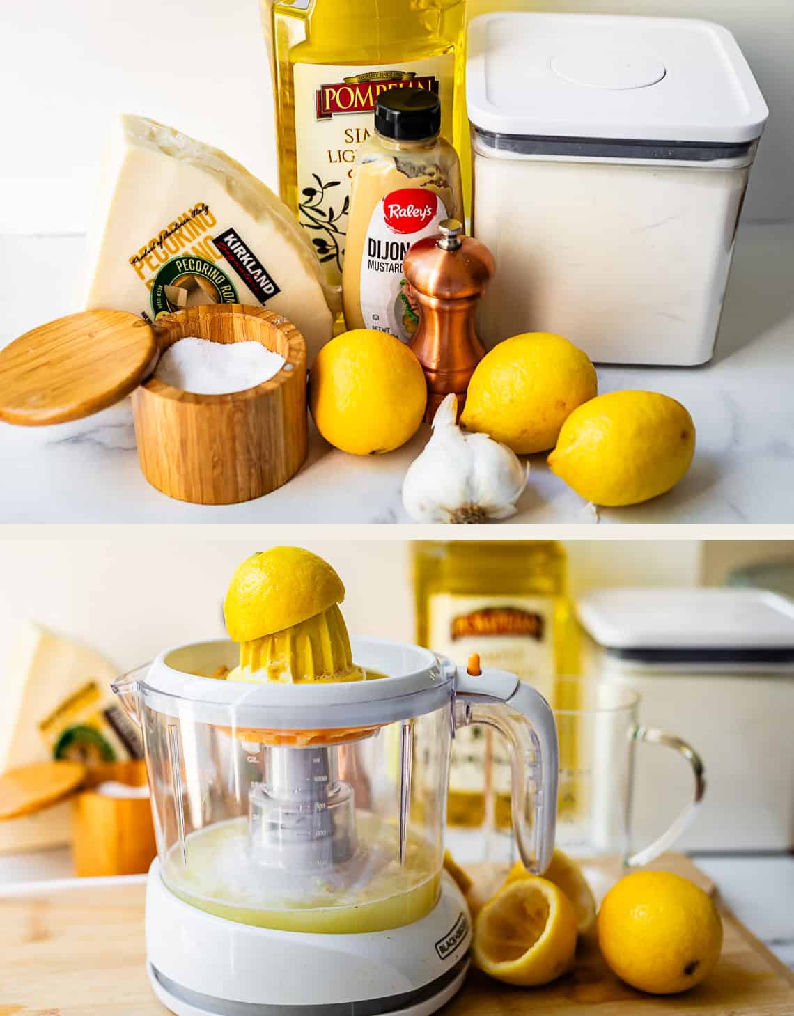 Two images: The top shows ingredients for salad dressing&mdash;olive oil, Dijon mustard, sugar, Parmesan cheese, salt, pepper, garlic, and lemons. The bottom shows a lemon being juiced with a food processor.