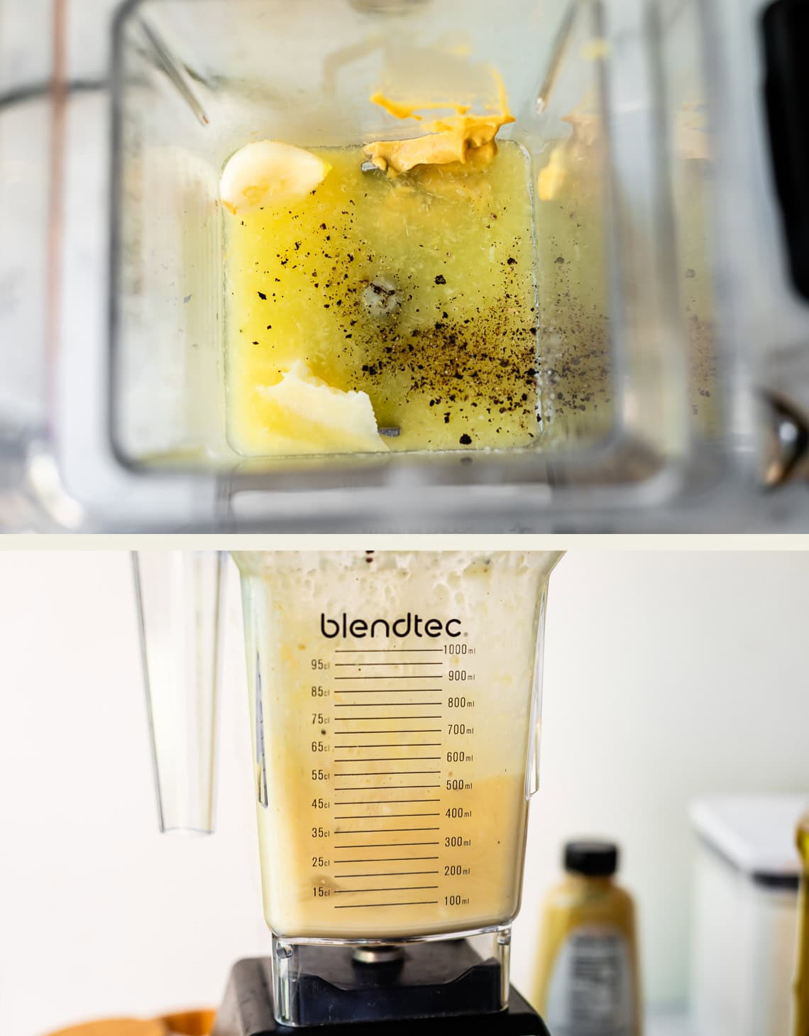 Top view of a blender with garlic, mustard, oil, pepper, and other ingredients inside; below, the blender is blending a creamy mixture, with measurement markings visible on the container.