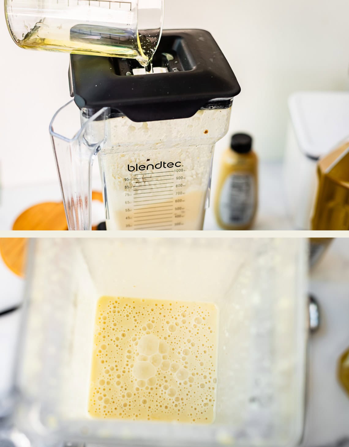 A person pours liquid into a Blendtec blender with a creamy mixture inside. The second image shows a close-up of the smooth, blended mixture from above. Bottled ingredients are visible in the background.