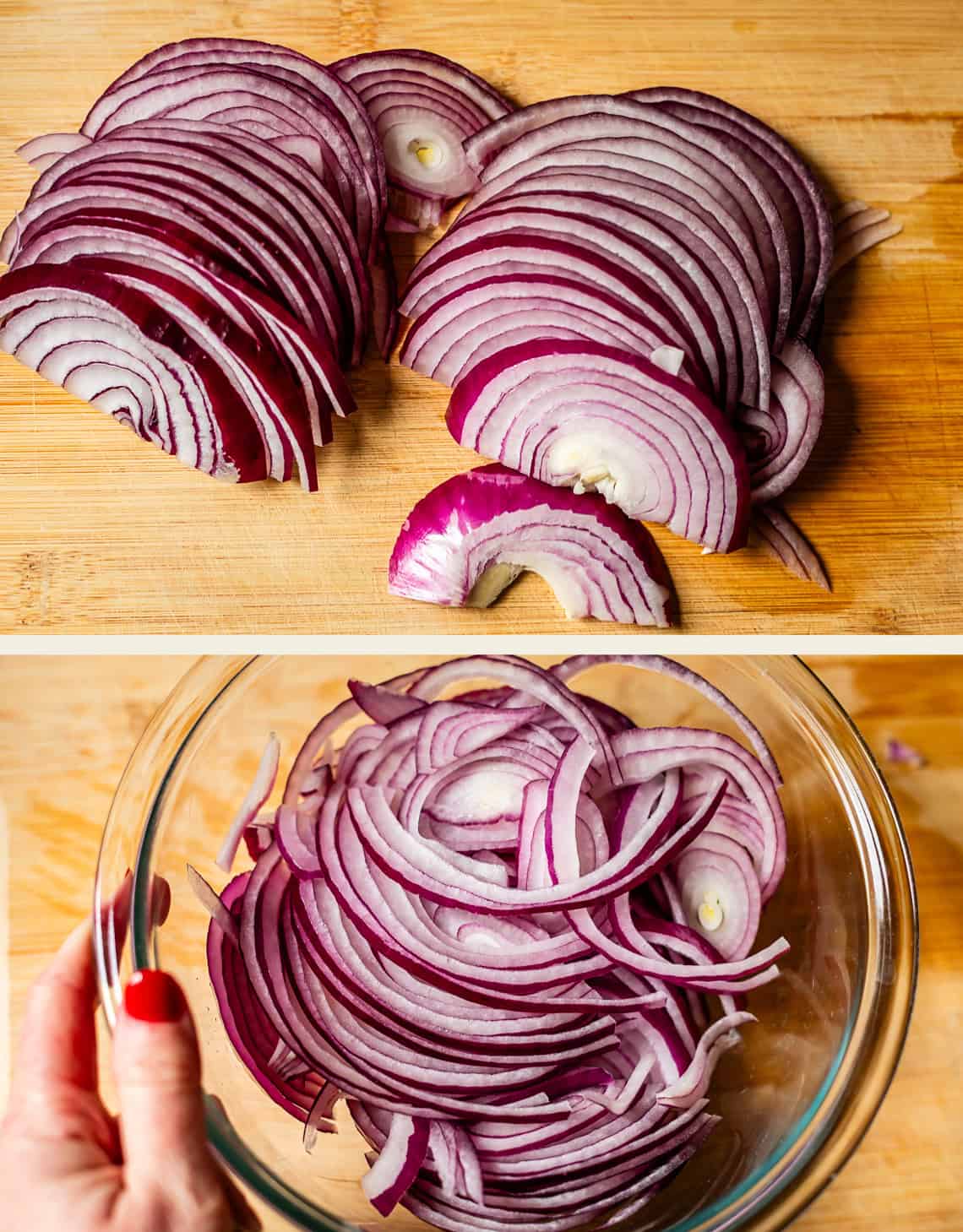 Sliced red onions are shown on a wooden cutting board in the top image, and in the bottom image, thinly sliced red onions are placed in a glass bowl held by a hand with red nail polish.