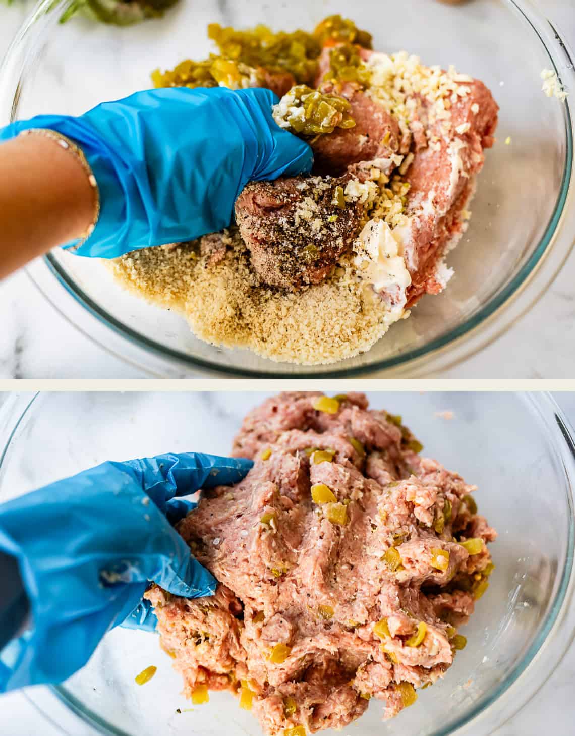 A collage of hands in gloves mixing food in a bowl.