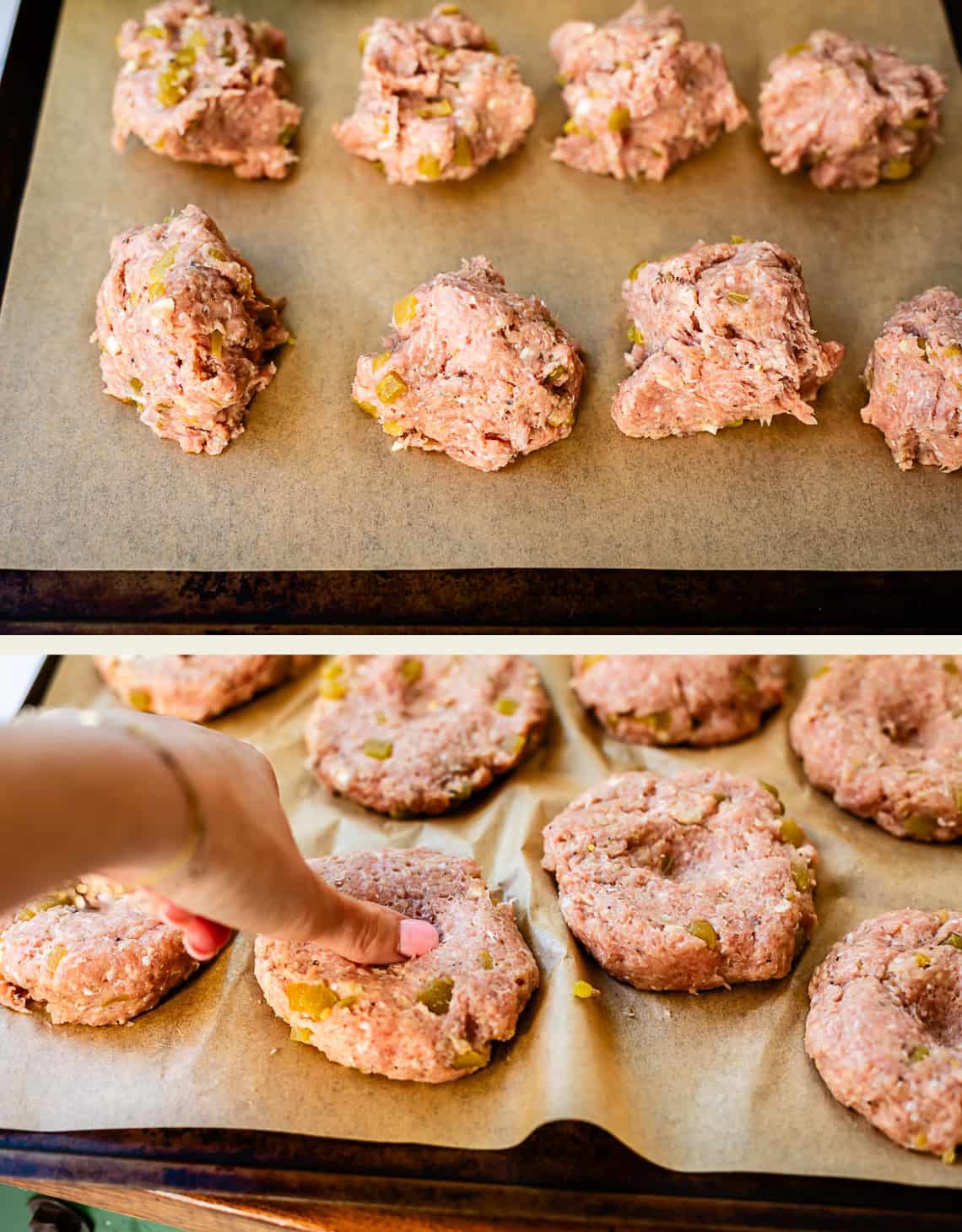 Raw meat mixture portions on a parchment-lined baking sheet. In the second image, a hand presses a thumb into the center of one portion, making an indentation in the mixture.