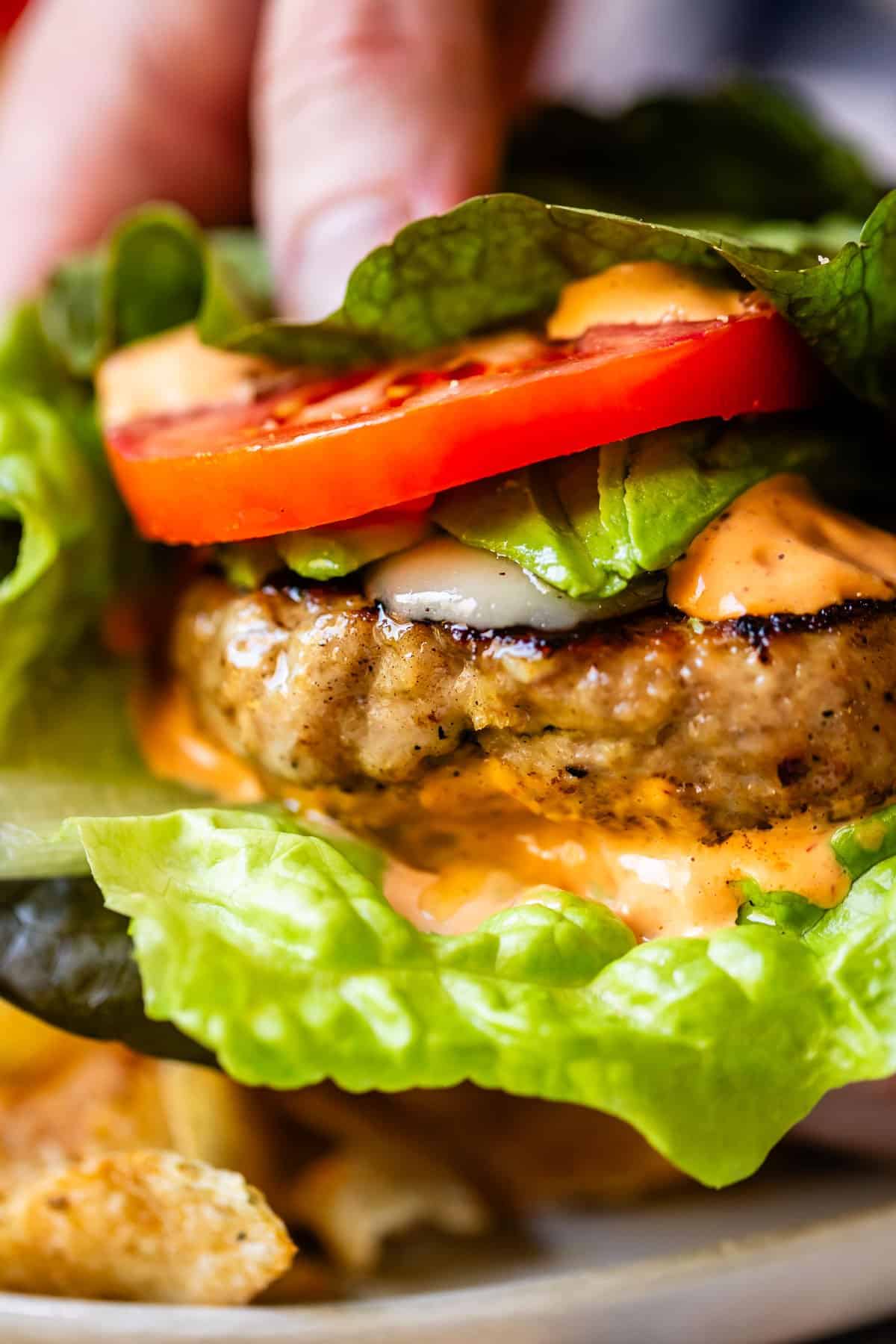 A close up of a burger.