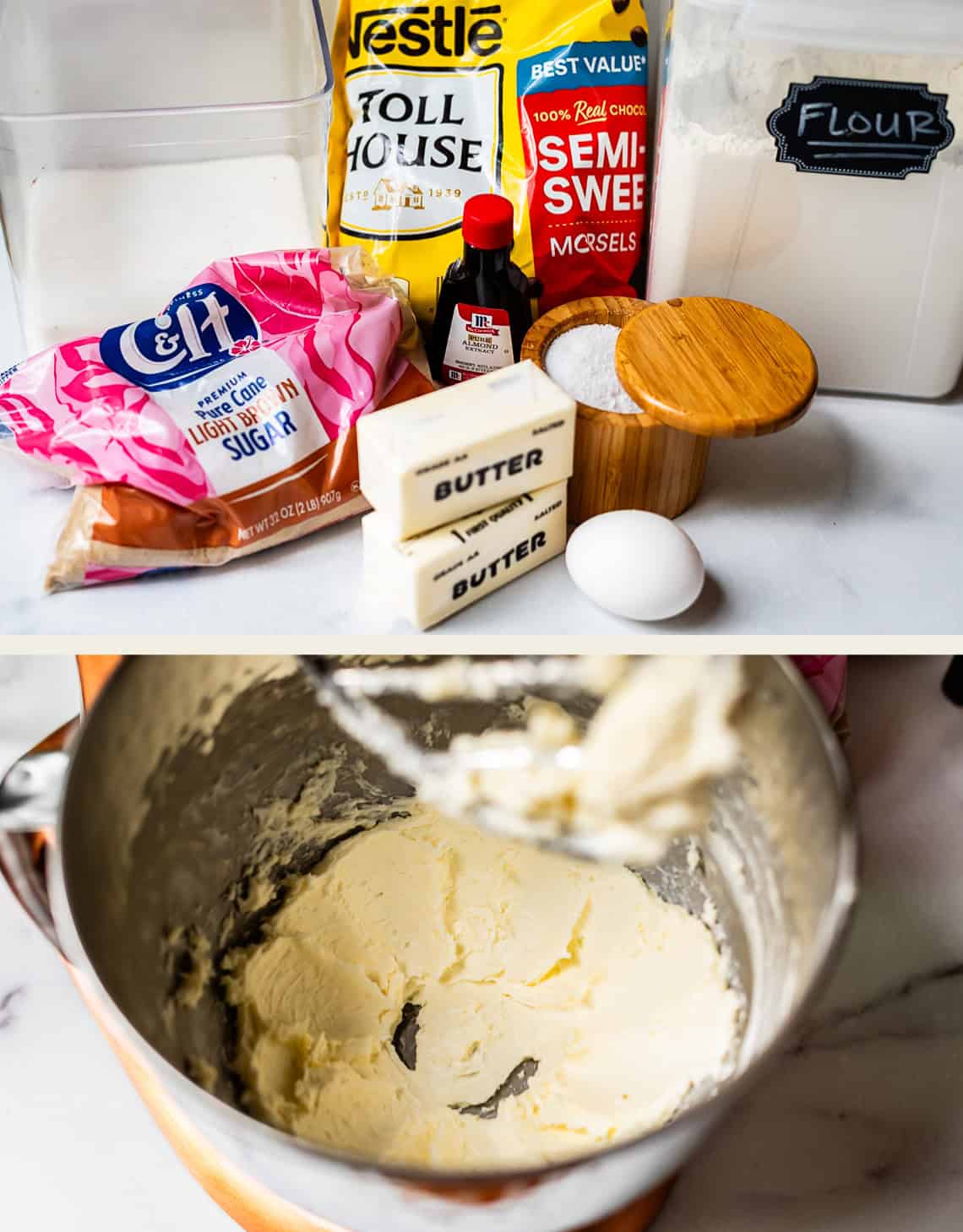 Top: Ingredients for cookies including flour, brown sugar, chocolate chips, vanilla extract, butter sticks, white sugar, and an egg. Bottom: Butter and sugar creamed together in a mixing bowl.