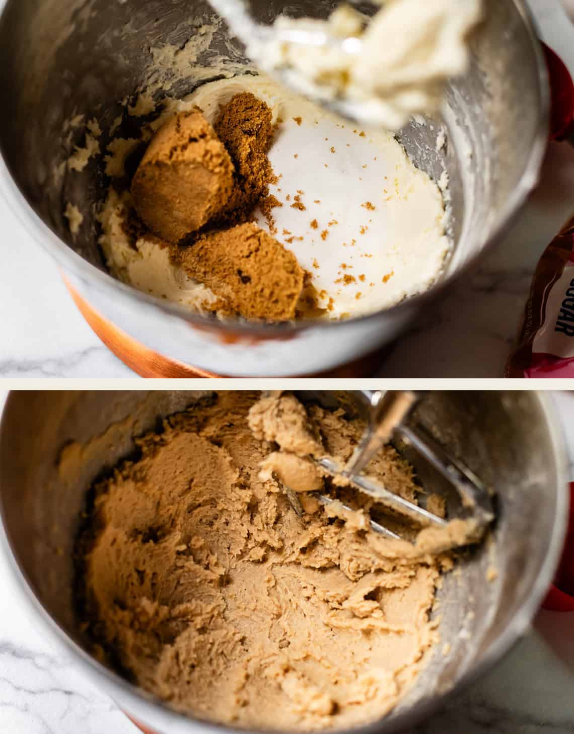 Two images: The top shows a mixing bowl with creamed butter, white sugar, and brown sugar. The bottom shows the same bowl with the sugars and butter fully blended together using a hand mixer.