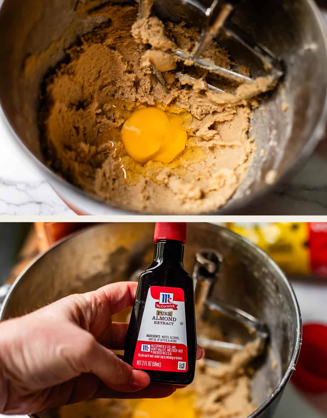 Two images: The first shows a mixing bowl with cookie dough, a cracked egg, and a hand mixer. The second shows a hand holding a bottle of McCormick almond extract above the bowl.