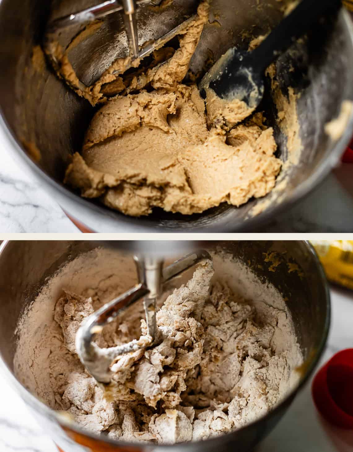Two close-up images show a metal mixing bowl with dough being mixed. The top image shows a creamy, smooth batter, while the bottom image shows dough with flour still visible, being mixed with a stand mixer and spatula.