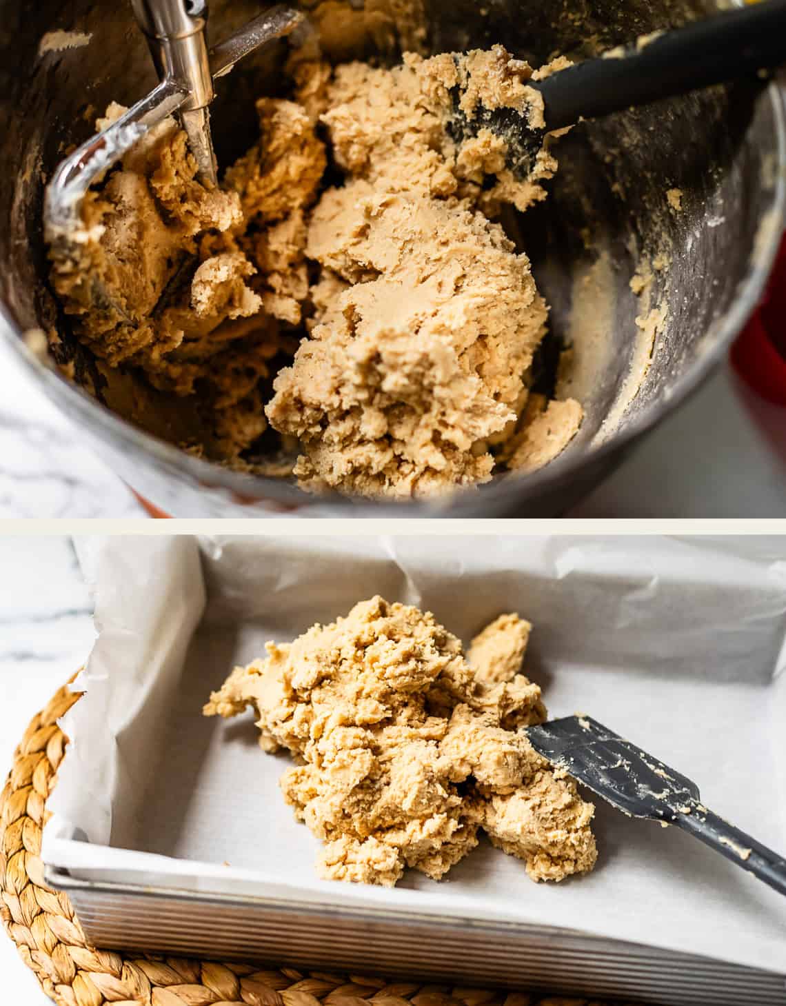 Top: Cookie dough being mixed in a metal bowl with a spatula and mixer. Bottom: Cookie dough placed in a parchment-lined baking pan with a spatula resting beside it, ready to be spread.