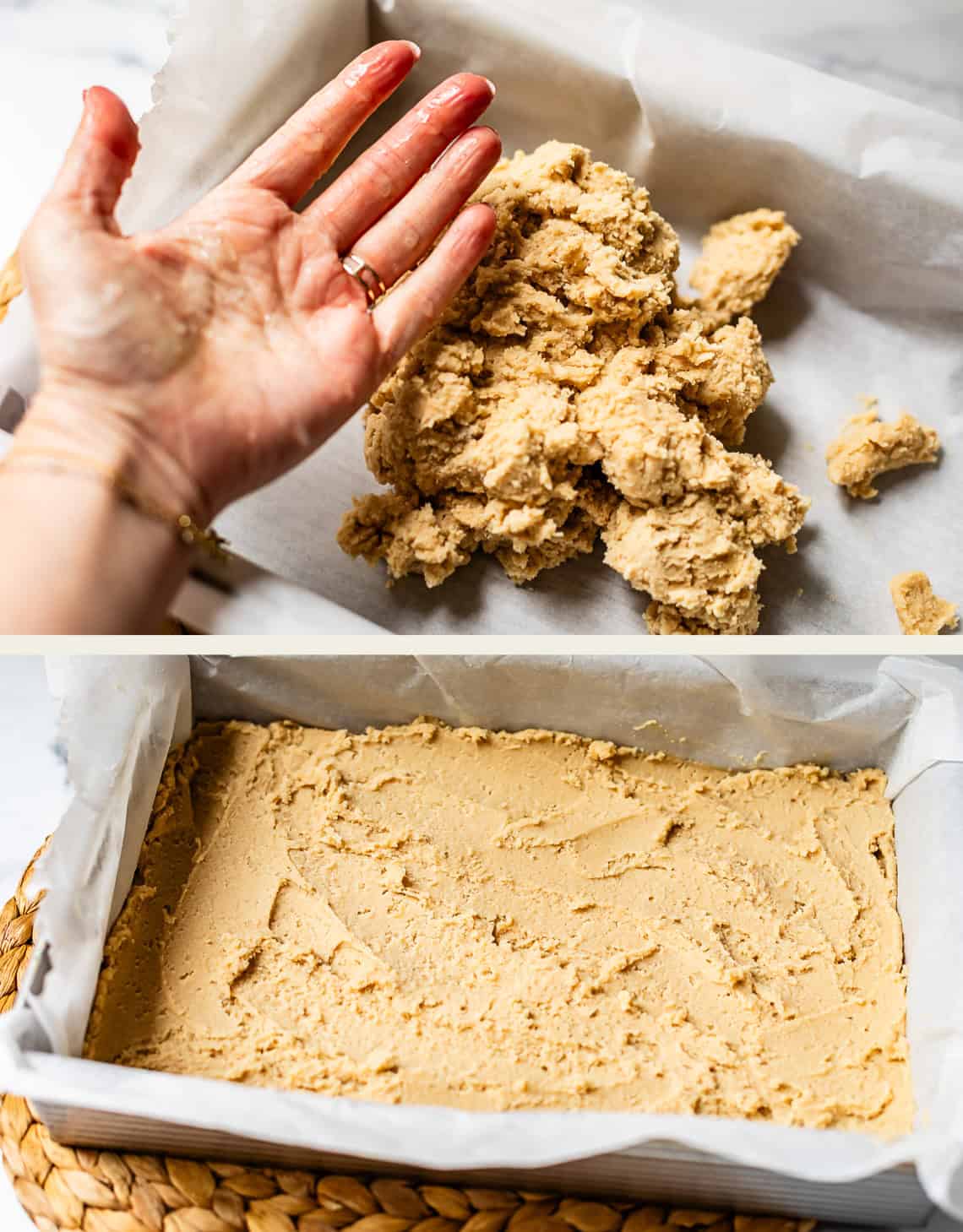 A hand presses crumbly cookie dough into a parchment-lined baking pan; below, the dough is evenly spread and flattened in the pan, ready for baking.
