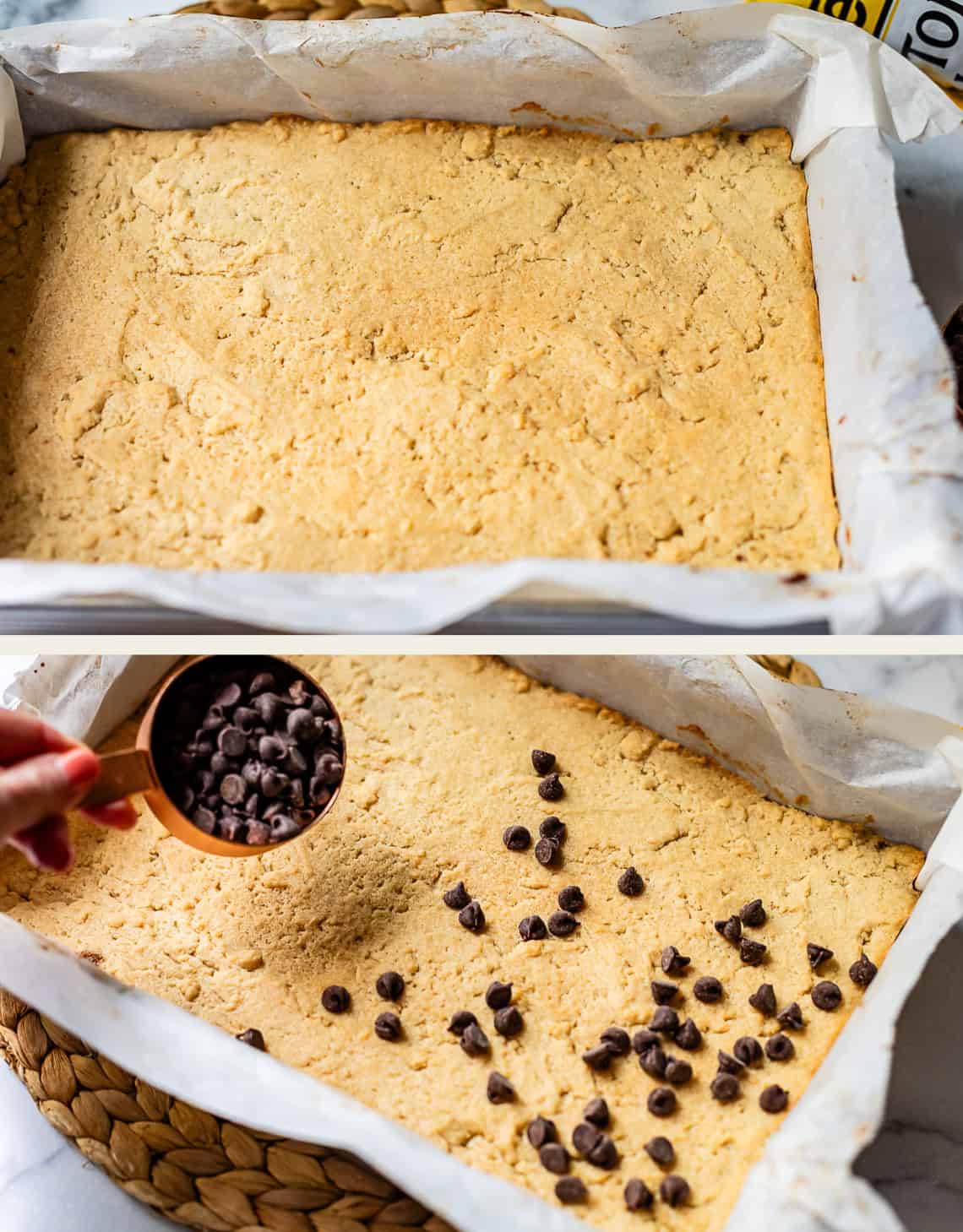 A two-panel image showing a rectangular baking dish with baked crust. In the bottom panel, a hand sprinkles chocolate chips from a measuring cup onto the crust. Both panels are lined with parchment paper.