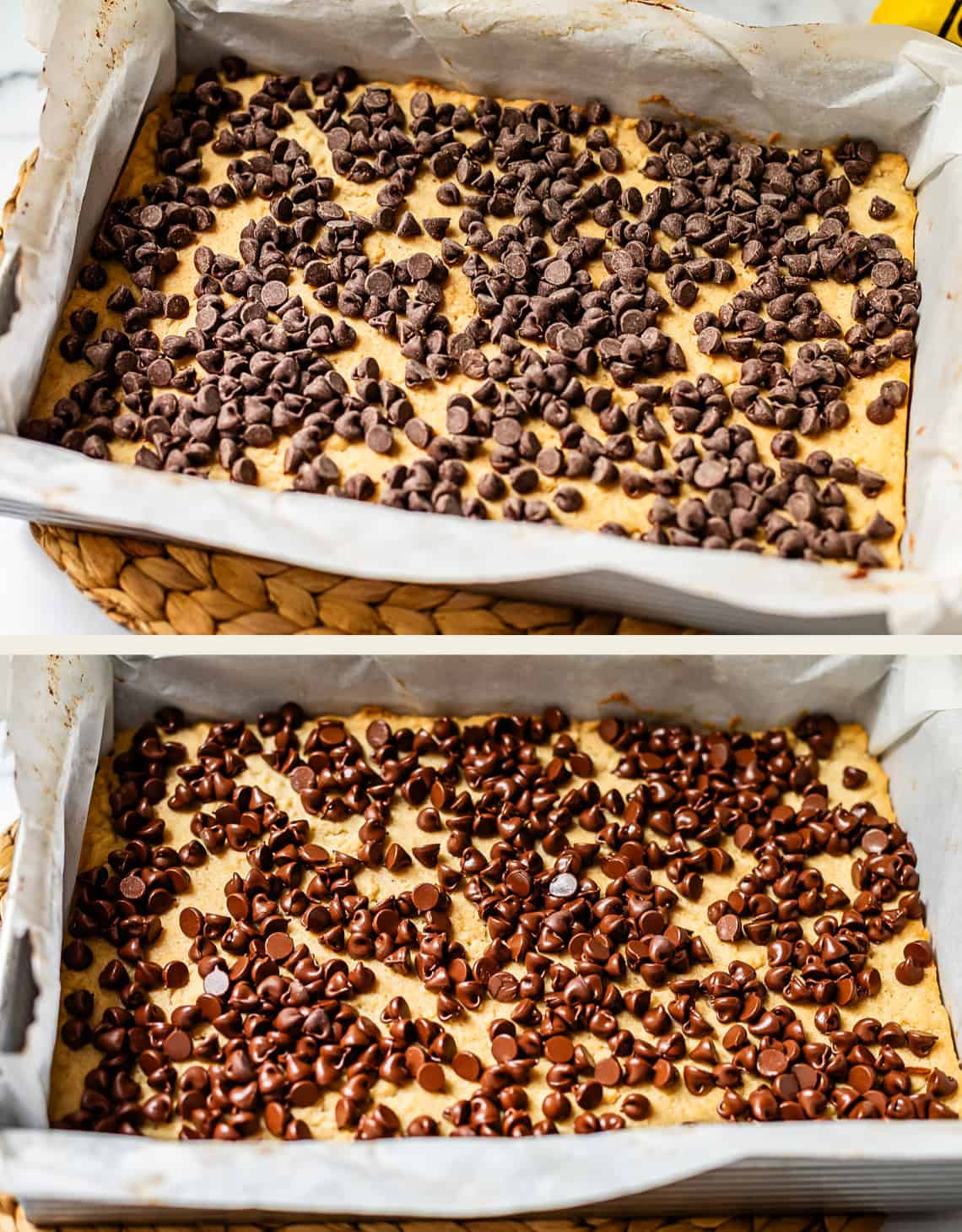 Two images show a rectangular pan lined with parchment paper containing cookie dough topped with chocolate chips. The top image shows raw dough, while the bottom image shows baked, melted chocolate chips.