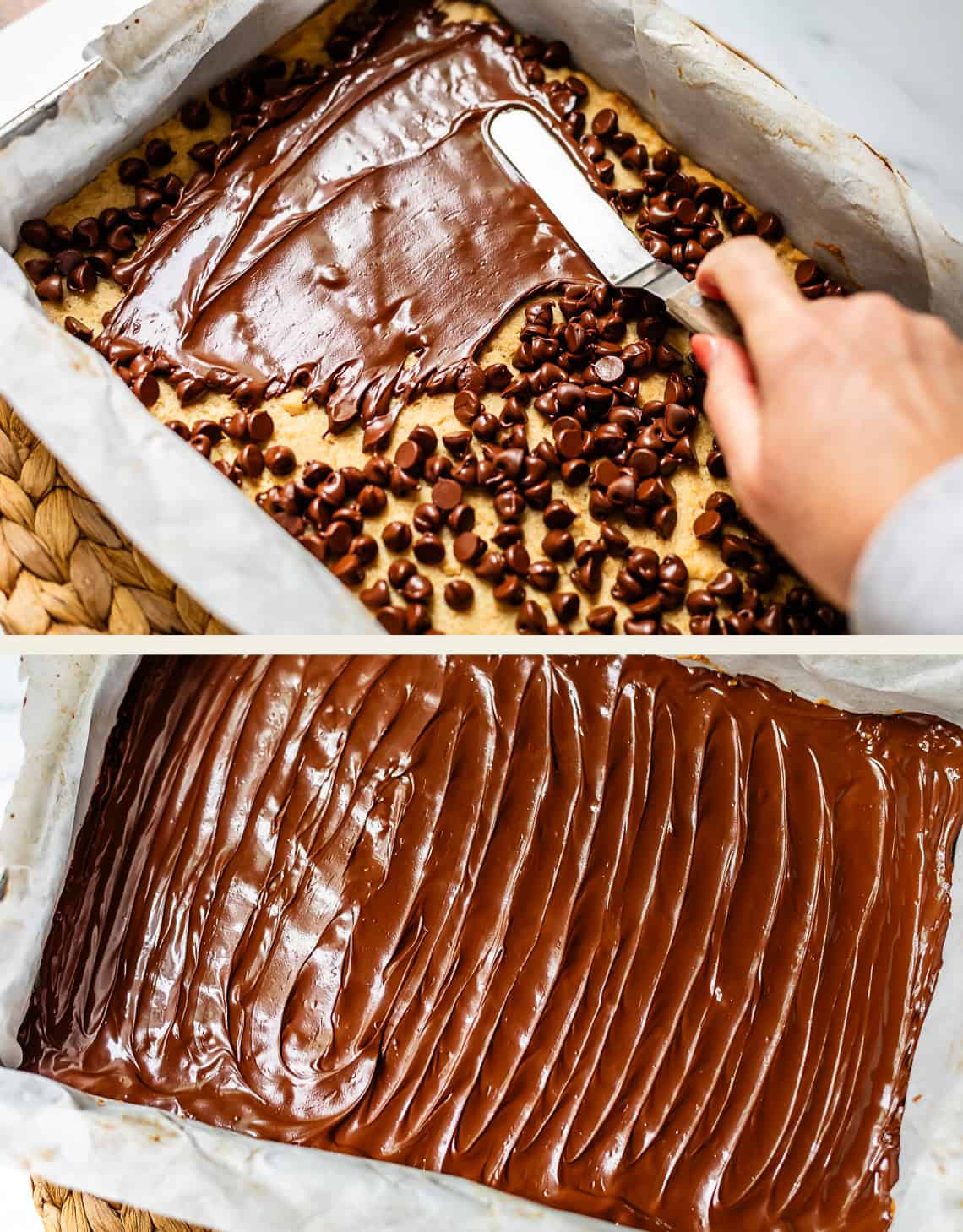 A hand uses an offset spatula to spread melted chocolate over a layer of chocolate chip cookie bars in a parchment-lined baking pan; the second image shows the bars fully covered in smooth, glossy chocolate.