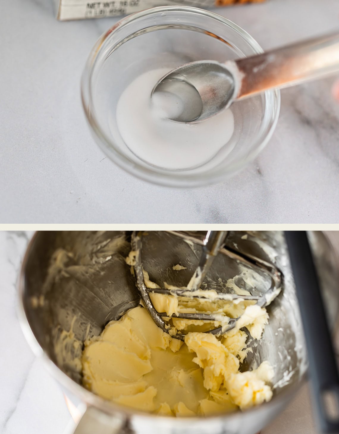 Top: A spoon stirring white liquid in a small glass bowl. Bottom: Creamed butter being mixed with a paddle attachment in a metal mixing bowl.