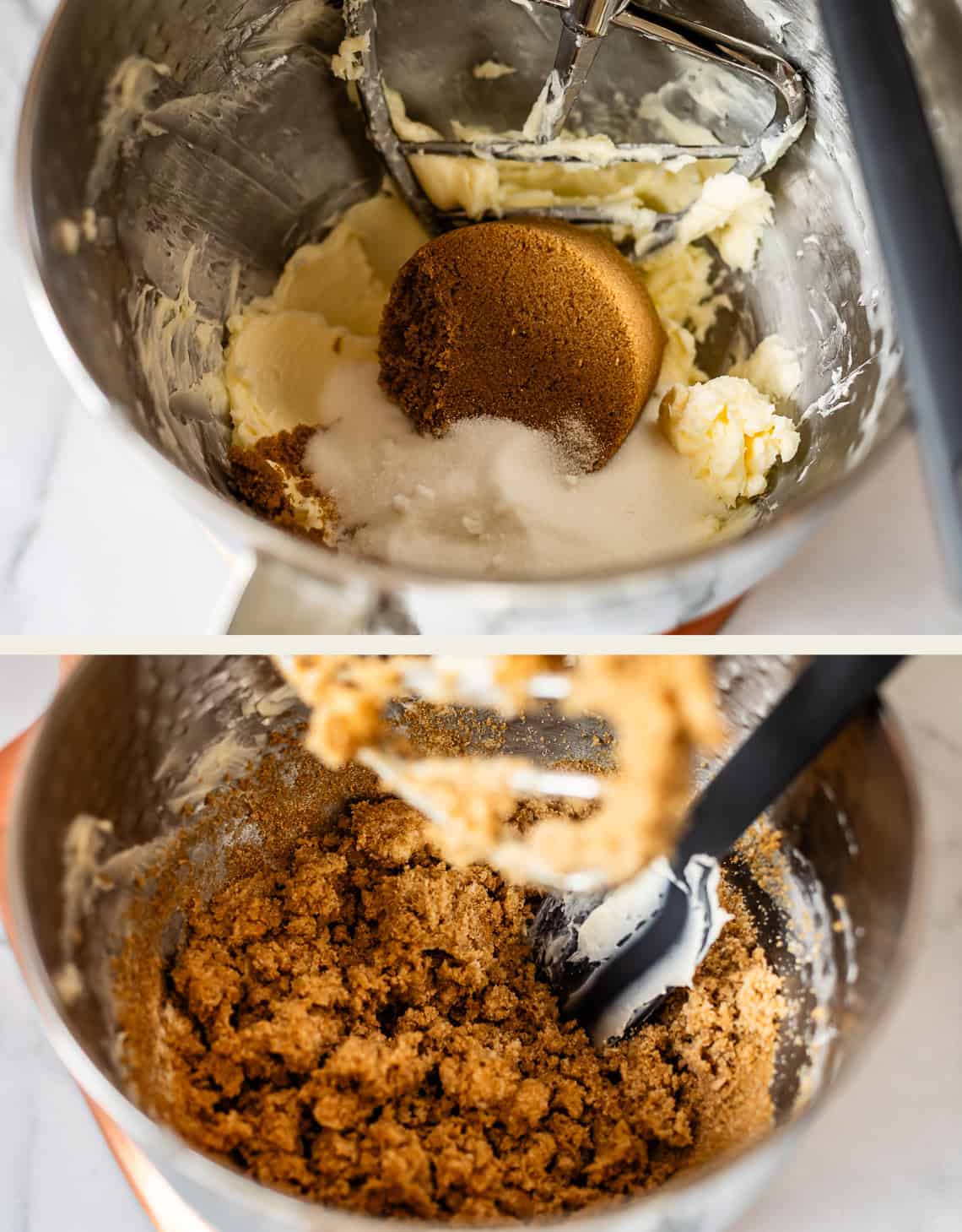 Two images: the top shows a mixer bowl with butter, granulated sugar, and brown sugar; the bottom shows the same bowl with the sugars and butter creamed together into a fluffy mixture, with a spatula and mixer visible.