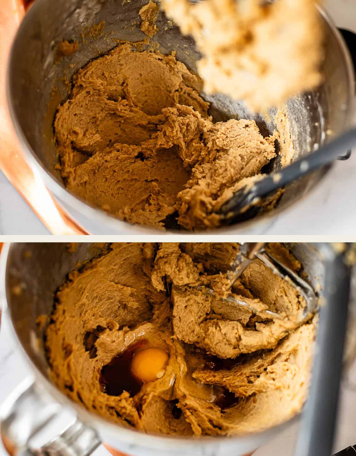 Two images show a mixing bowl. The first image has brown cookie dough being mixed. In the second, an egg and vanilla extract have been added to the dough but not yet mixed in. A stand mixer paddle is partially visible.