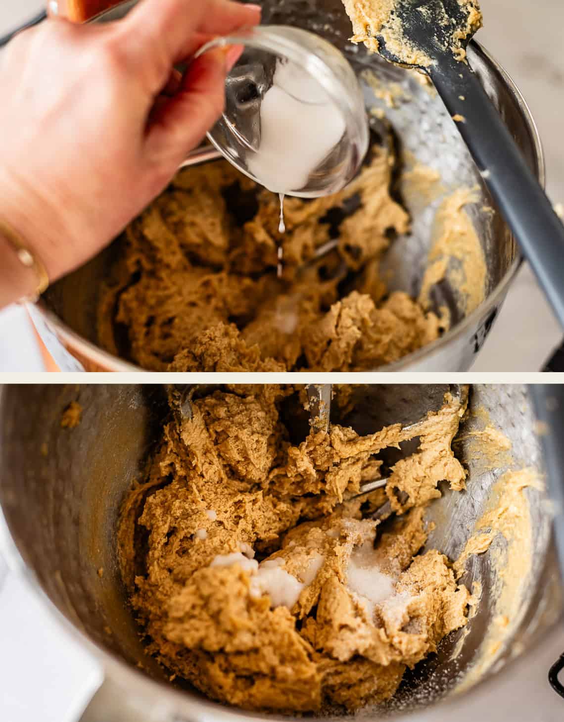 A hand pours liquid from a small glass bowl into a mixing bowl with brown dough. In the second image, white granulated sugar is added to the dough, which is being mixed with an electric mixer.