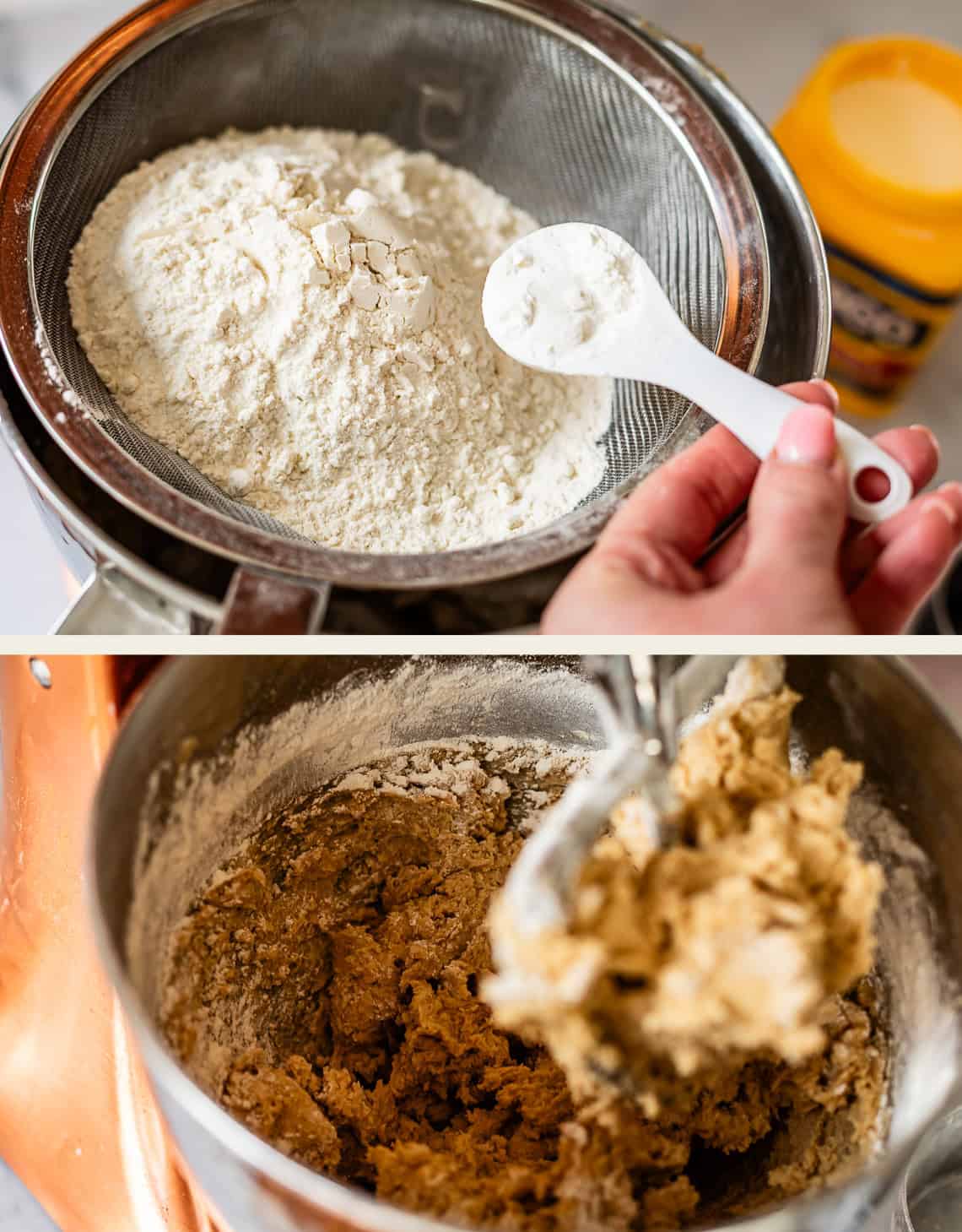 Top: A hand holds a white spoon over a sifter containing flour. Bottom: Thick brown cookie dough mixes in a stand mixer bowl with a paddle attachment.